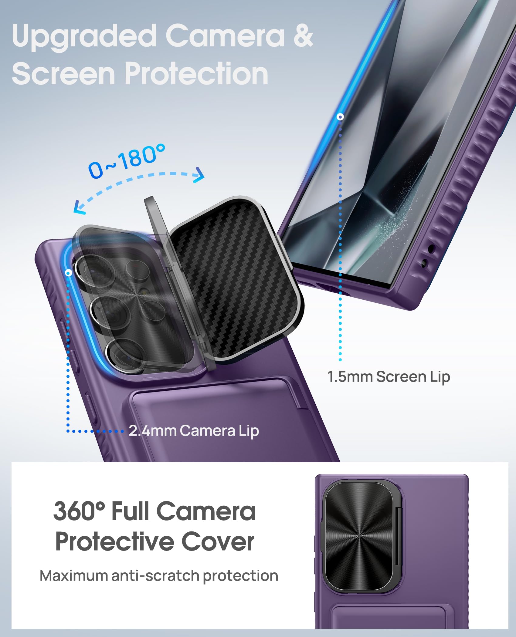 Vihibii For Samsung Galaxy S24 Ultra Case With Card Holder (4 Cards) & Kickstand & Camera Lens Cover, Heavy Duty Hard Back Soft