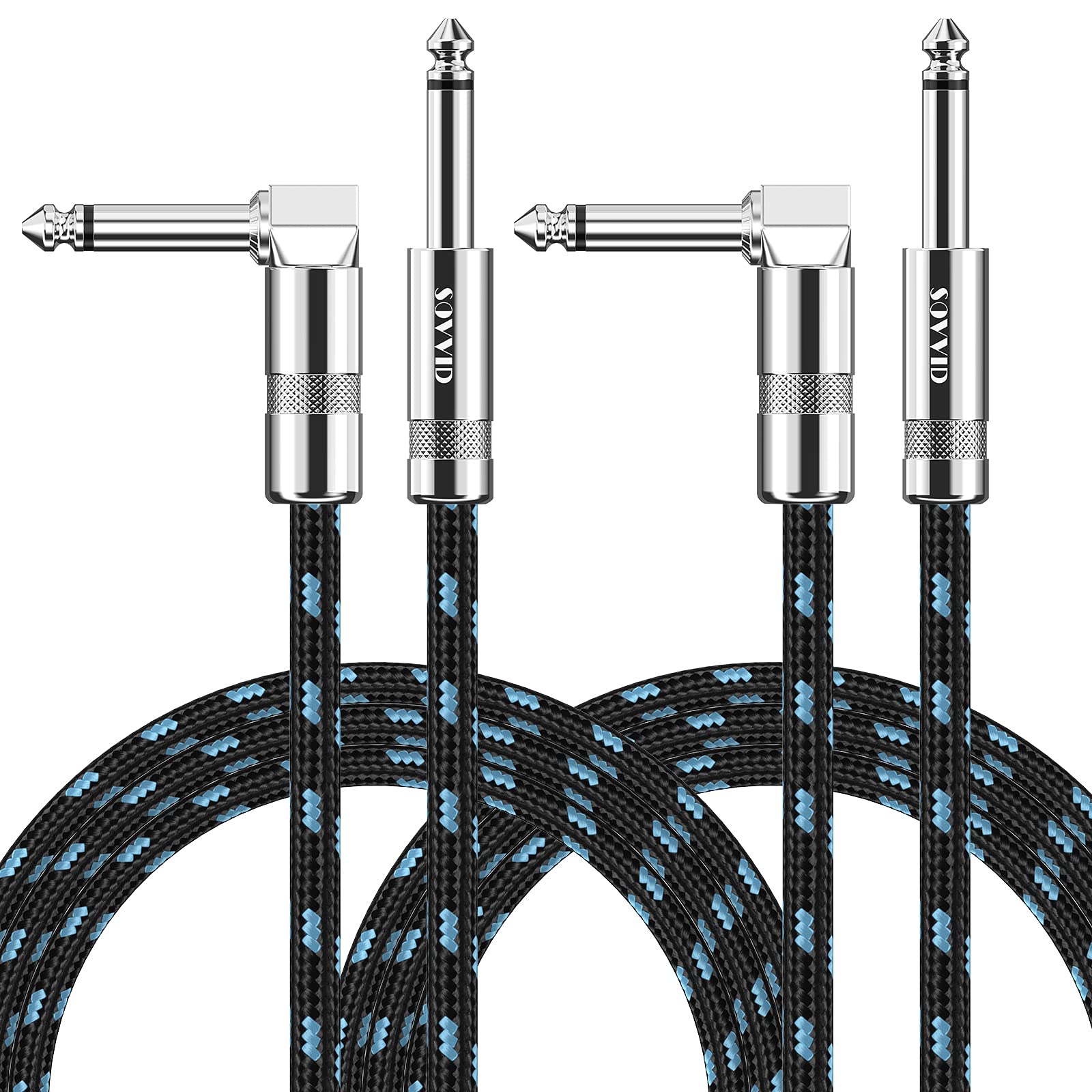 Sovvid 10FT 2 Pack Instrument Cable - Electric & Bass Guitar, Keyboard, AMP Cord - 1/4 Inch Right Angle Black & Blue