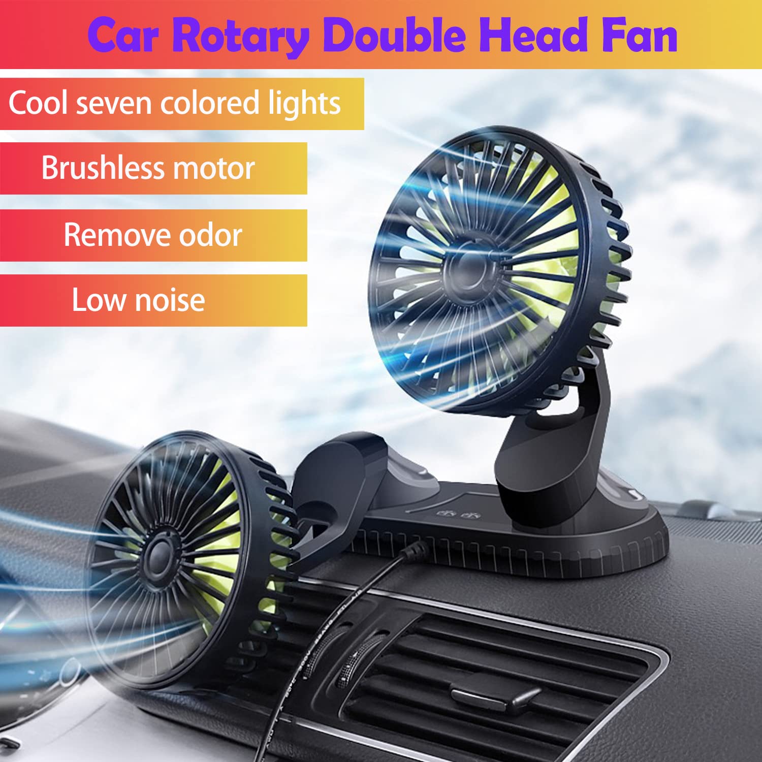 Kinowji Car Cooling Fan,360 Adjustable Dual Head Cooling Air Fan Usb Fan Vehicle Fan With Coloured Light Brushless Motor For Car