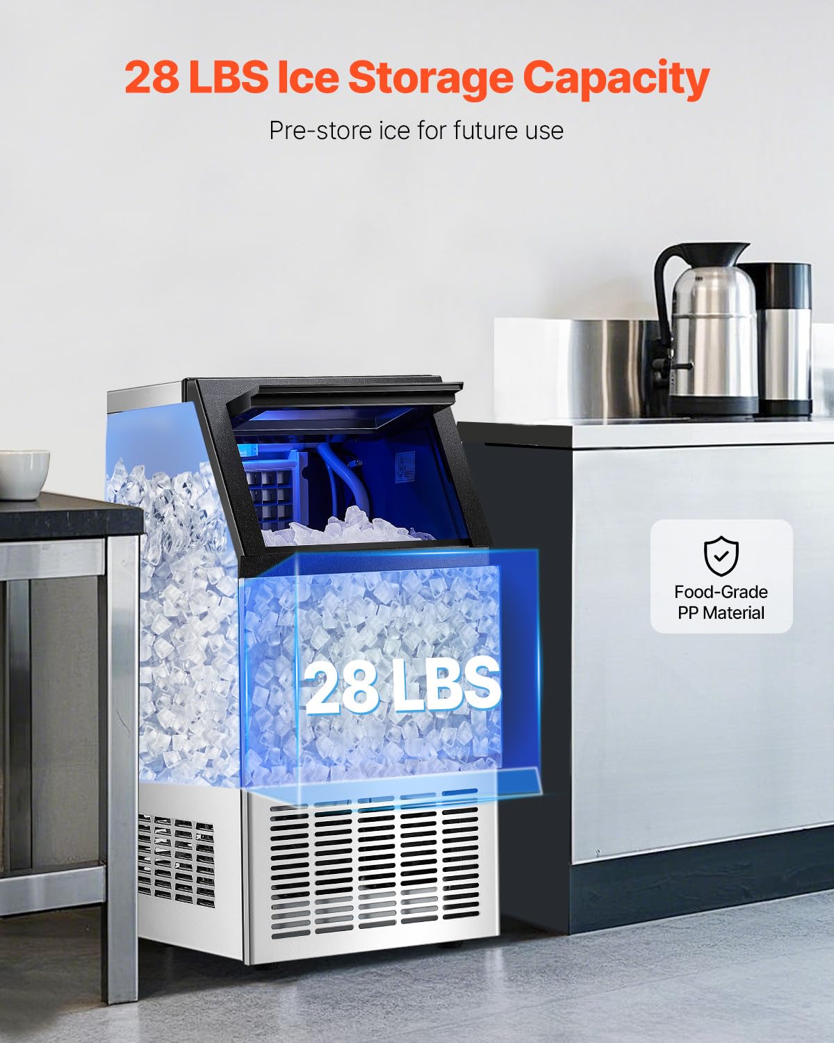 Vevor 80Lbs/24H Commercial Ice Maker Machine With Drain Pump, 28Lbs Storage Capacity Ice Maker, 36 Ice Cubes In 15 Minutes, Led