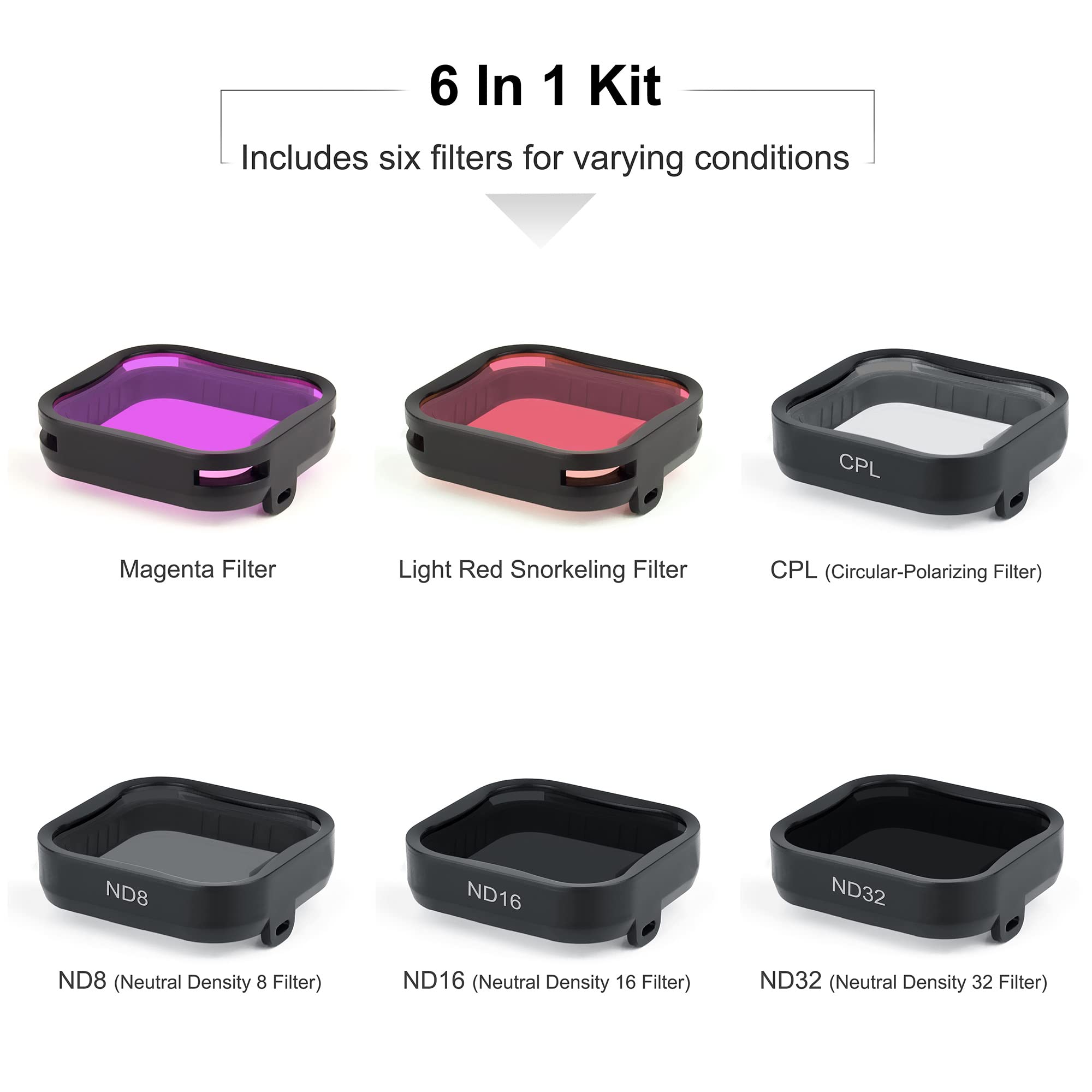 Gepuly 6 Pack Camera Lens Filter Set For Gopro Hero7 6 5 Black 2018,3Nd Filters(Nd8/Nd16/Nd32),Cpl Filter, Light Red/Magenta Fil