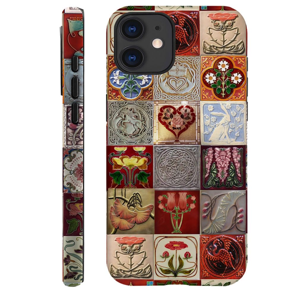 Piodaidy Compatible with iPhone 12,Durable & Shockproof Phone Case Cover Design - Collage Hearts Bird Flower Geometric