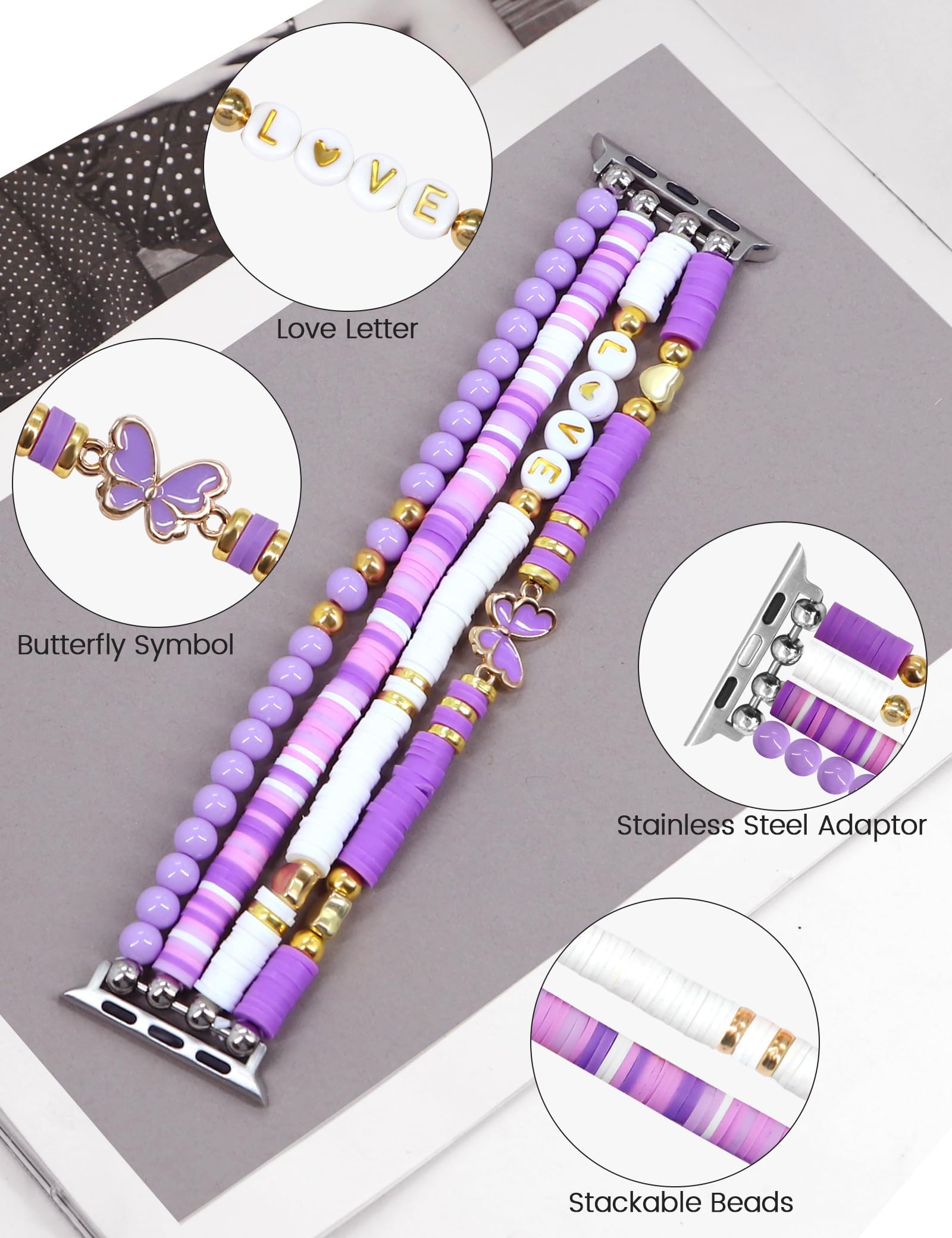 Jr.Dm Beaded Bracelet Compatible With Apple Watch 40Mm 38Mm 41Mm 42Mm For Women, Preppy Stack Cute Dressy Butterfly Handmade Str