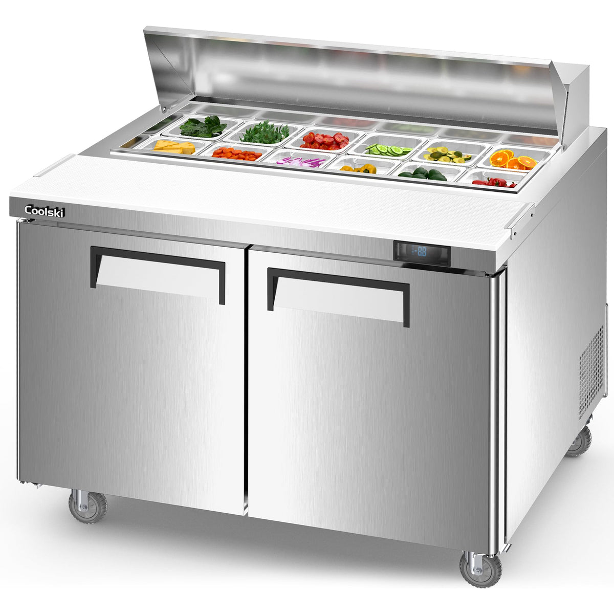 Coolski Commercial Refrigerated Sandwich Salad Prep Table, 48 W Commercial Refrigerator 2 Doors With Mega Top, 12 Pans, Prep Sta