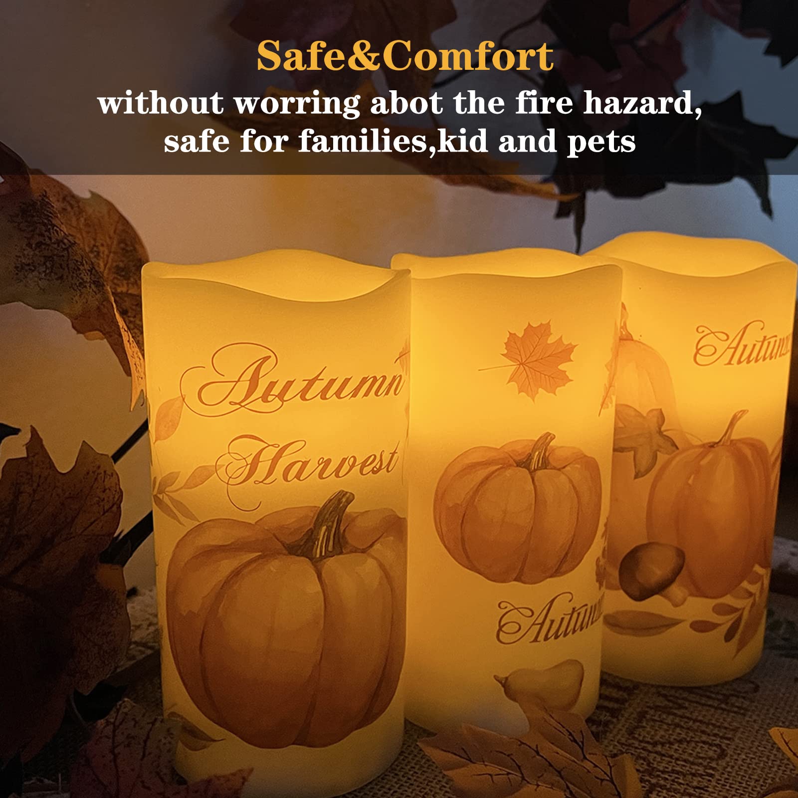 Lordearon Fall Pumpkin Flameless Candles Real Wax Led Candles Thanksgiving Decor Battery Operated Thanksgiving Pillar Candles Wi