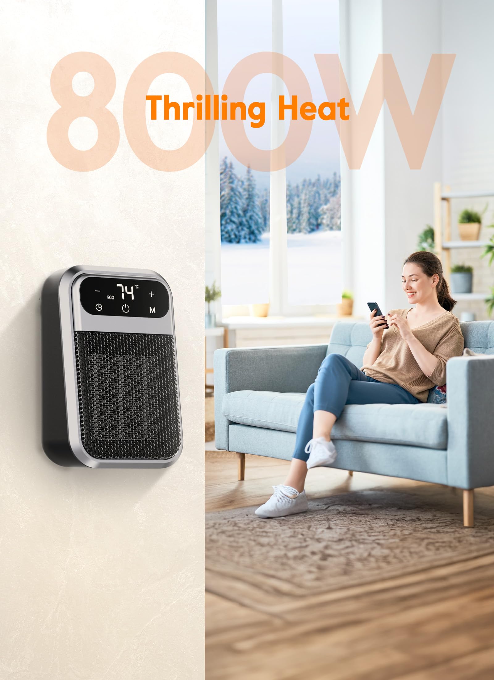 Givebest 800W Wall Outlet Space Heater With Remote,Led Display Small Plug In Electric Heater With Adjustable Thermostat And Time