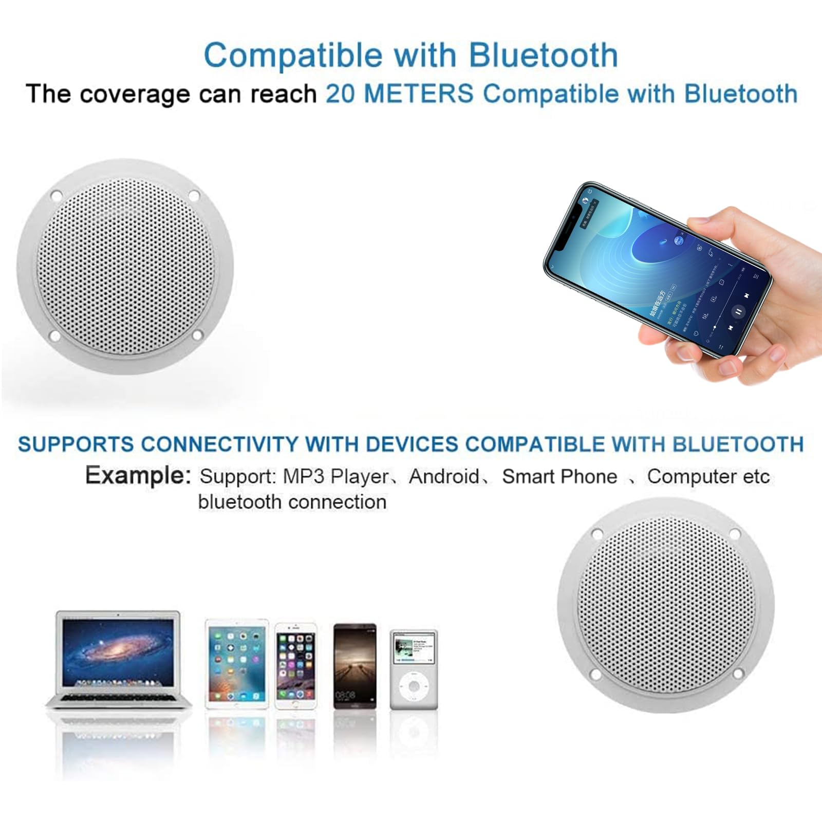 Herdio 4 Inches Waterproof Marine Bluetooth Ceiling Speakers For Bathroom Kitchen Home Outdoor Camper Golf Cart Boat With Flush