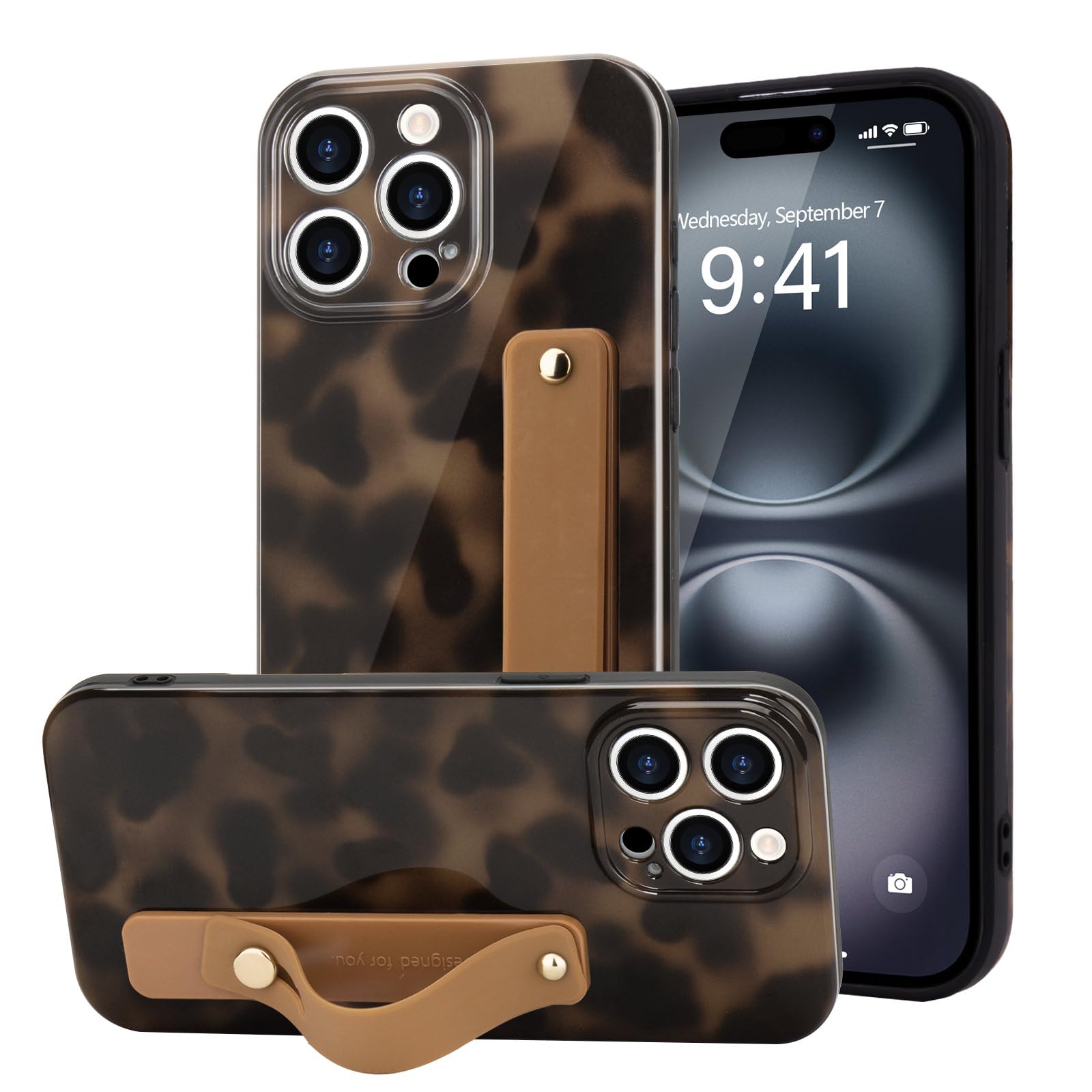 LAPOPNUT for iPhone 15 Pro Case with Wrist Strap, Cheetah Leopard Tortoise Shell Print Shockproof Soft TPU Protective Case Women