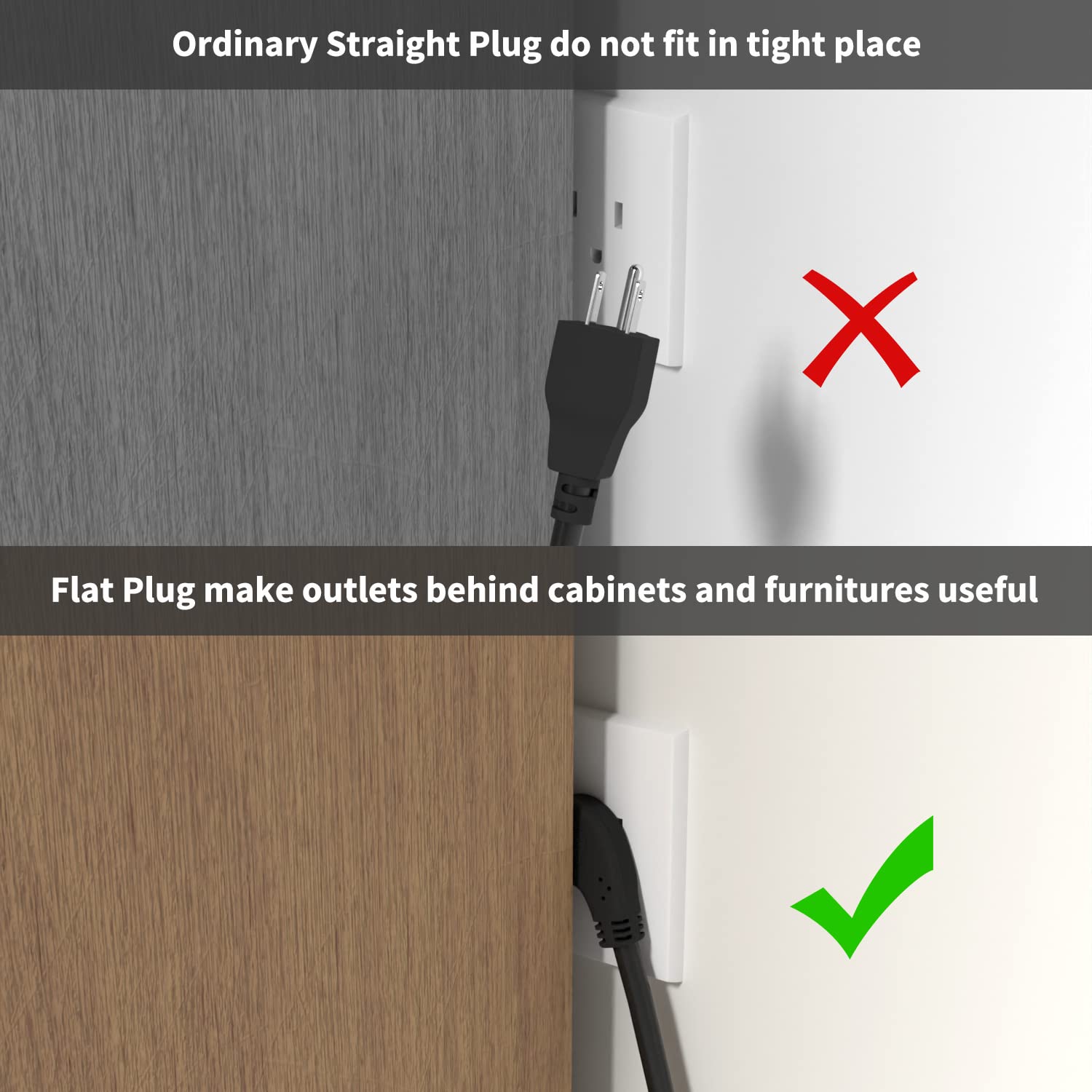 Firmerst 1875W Flat Plug Extension Cord 1 Foot, 15A 14 Awg Black