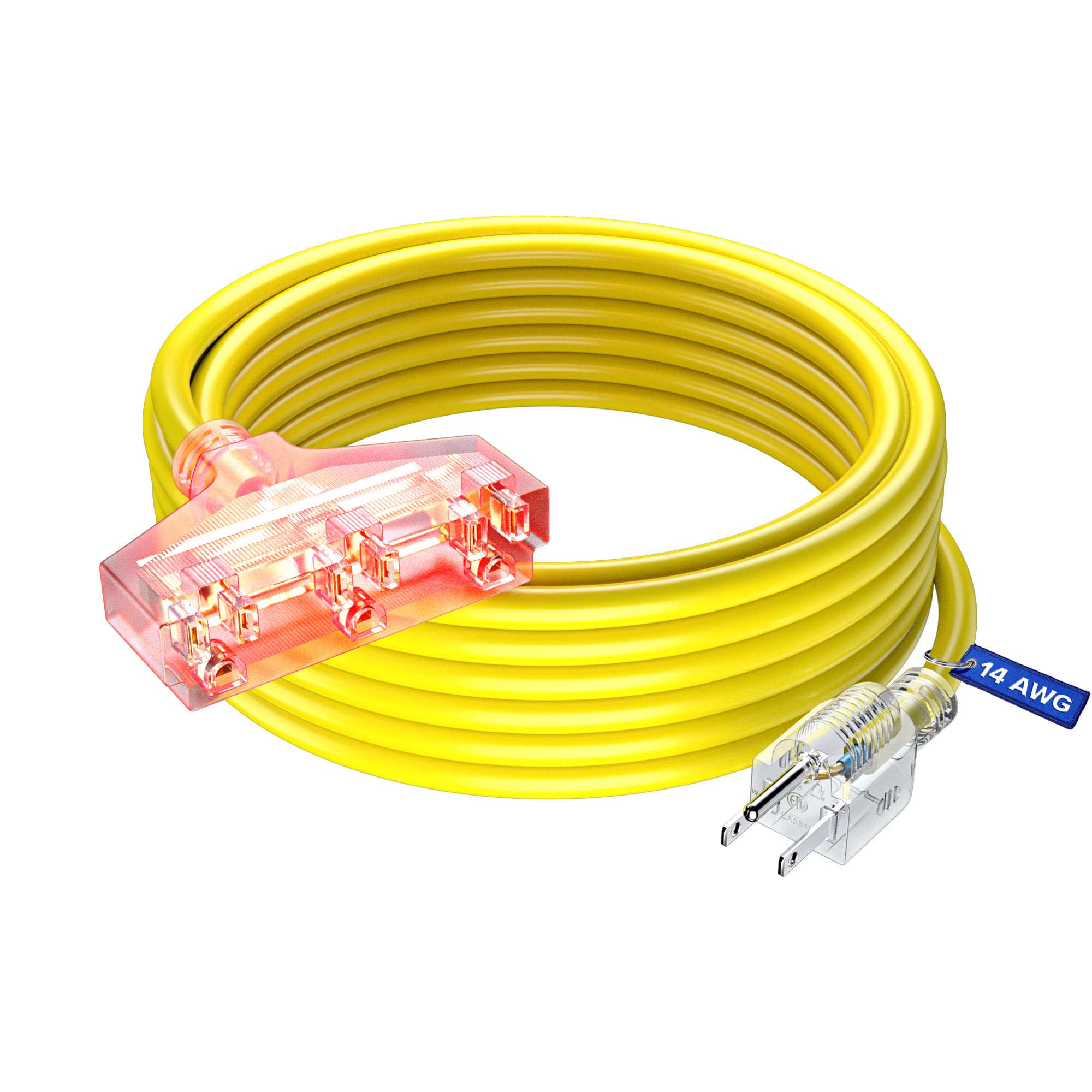 Extension Cord 30 Ft, Extension Cord With Multiple Outlets, Sjtw 14 Gauge (Yellow) Etl Listed