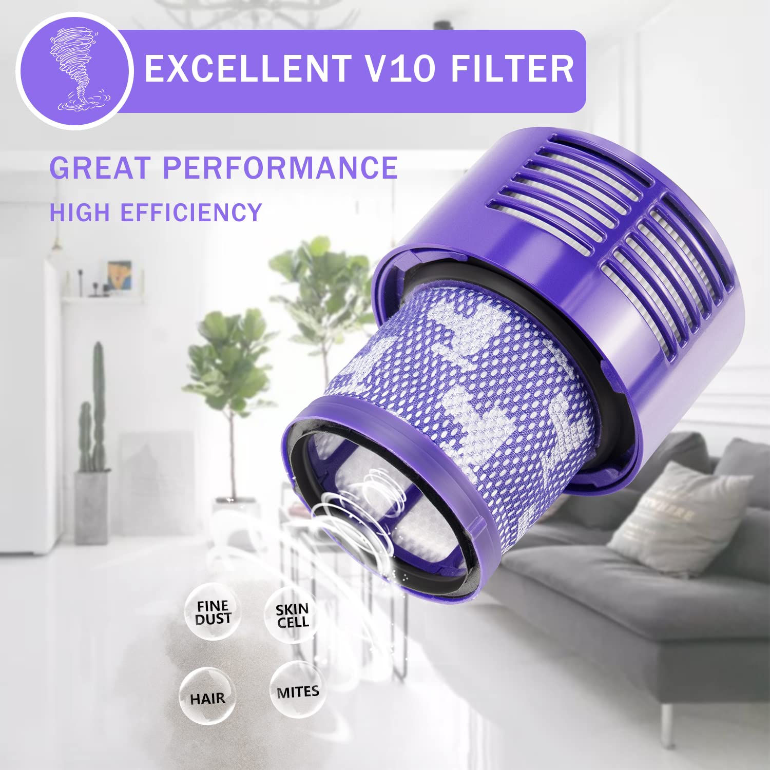 Improvedhand V10 HEPA Filter Replacement for Dyson V10 Series - 2 Pack, Purple, Durable Electrostatic Cotton, Fits SV12 Models