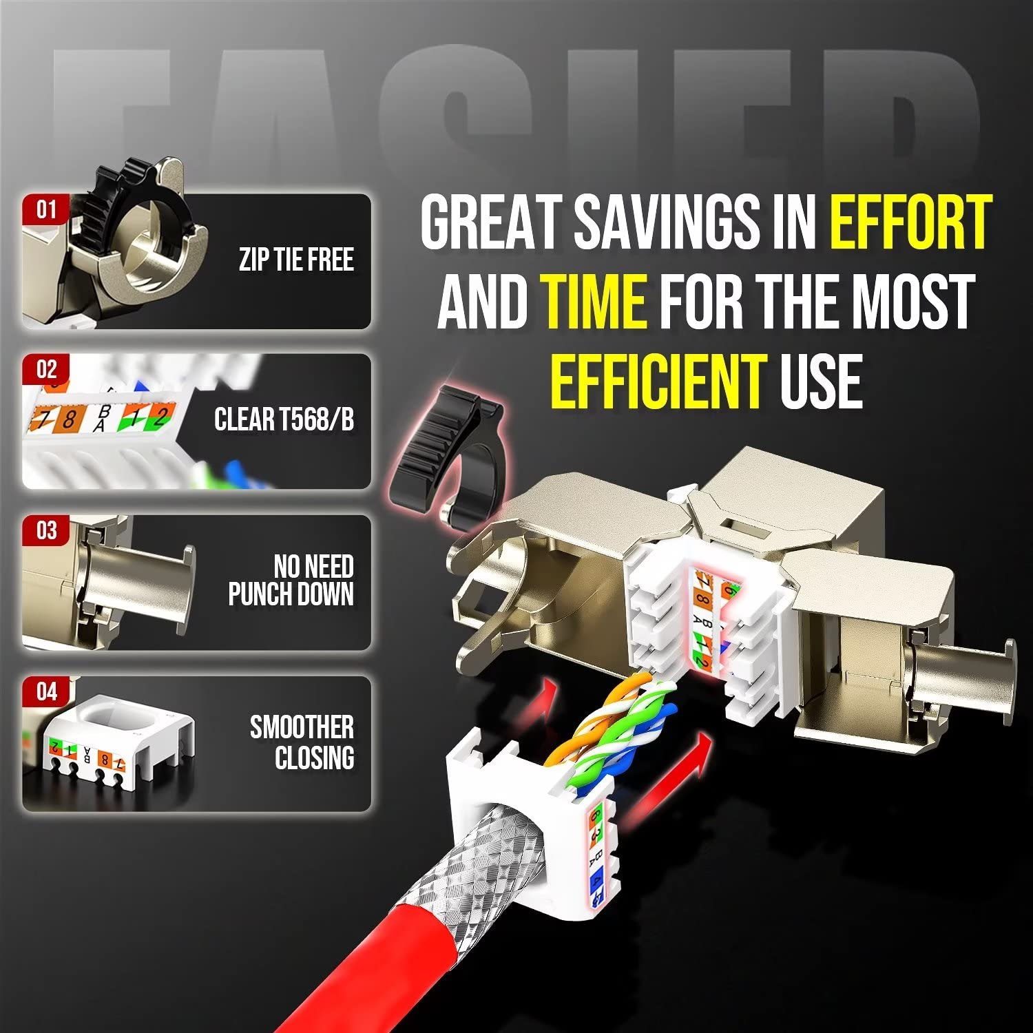 Ampcom Cat6A Keystone Jack Ratchet Zip Tie Design, 10Gbps 500Mhz Shielded Zinc Alloy Rj45 Tool Free Keystone Connector 12 Pack