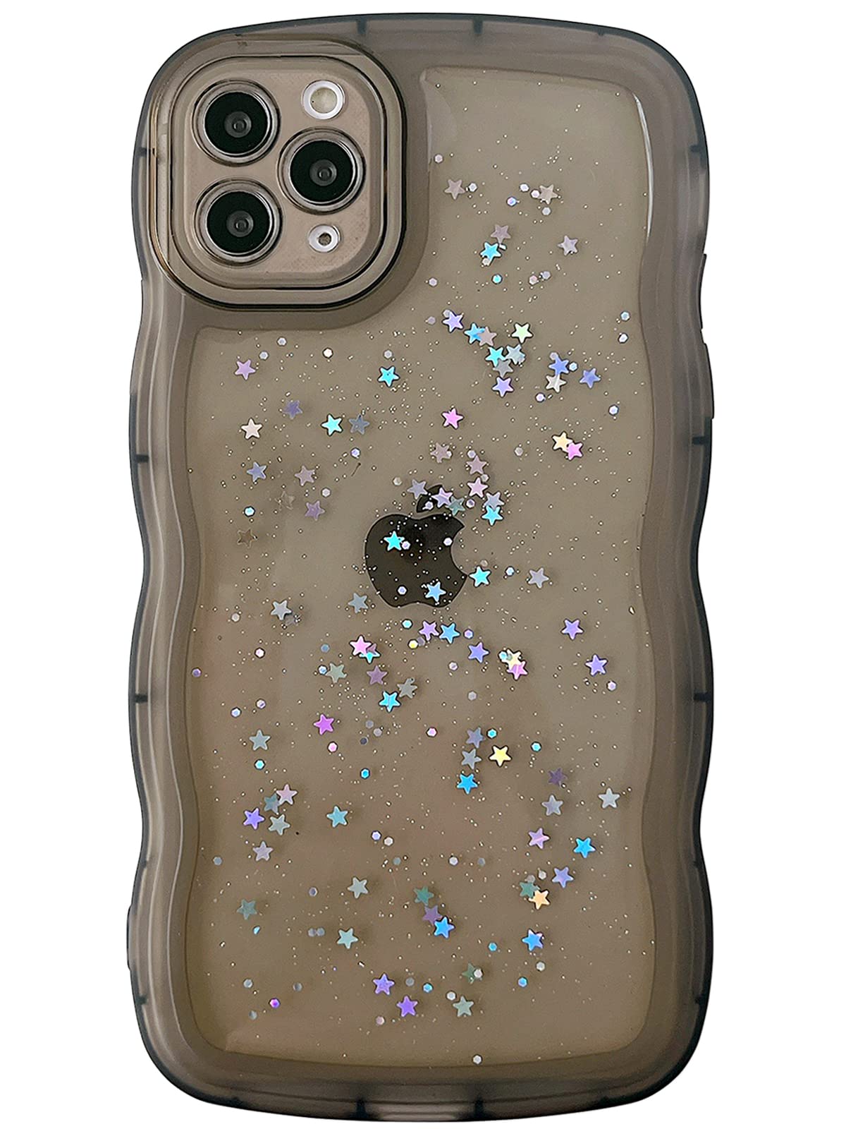 Qokey For Iphone 11 Pro Case 5.8'' Curly Wave Edge Design Transparent Bling Glitter Star Shiny Case Cute Clear Transparent Full