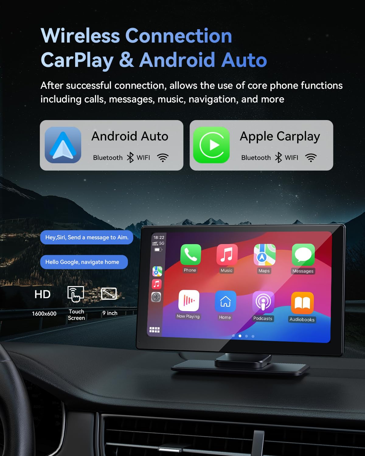 Portable Carplay Screen For Car, Vuddig 4K Dash Cam, Wireless Carplay Screen & Android Auto, 9'' Touchscreen Car Audio Receivers