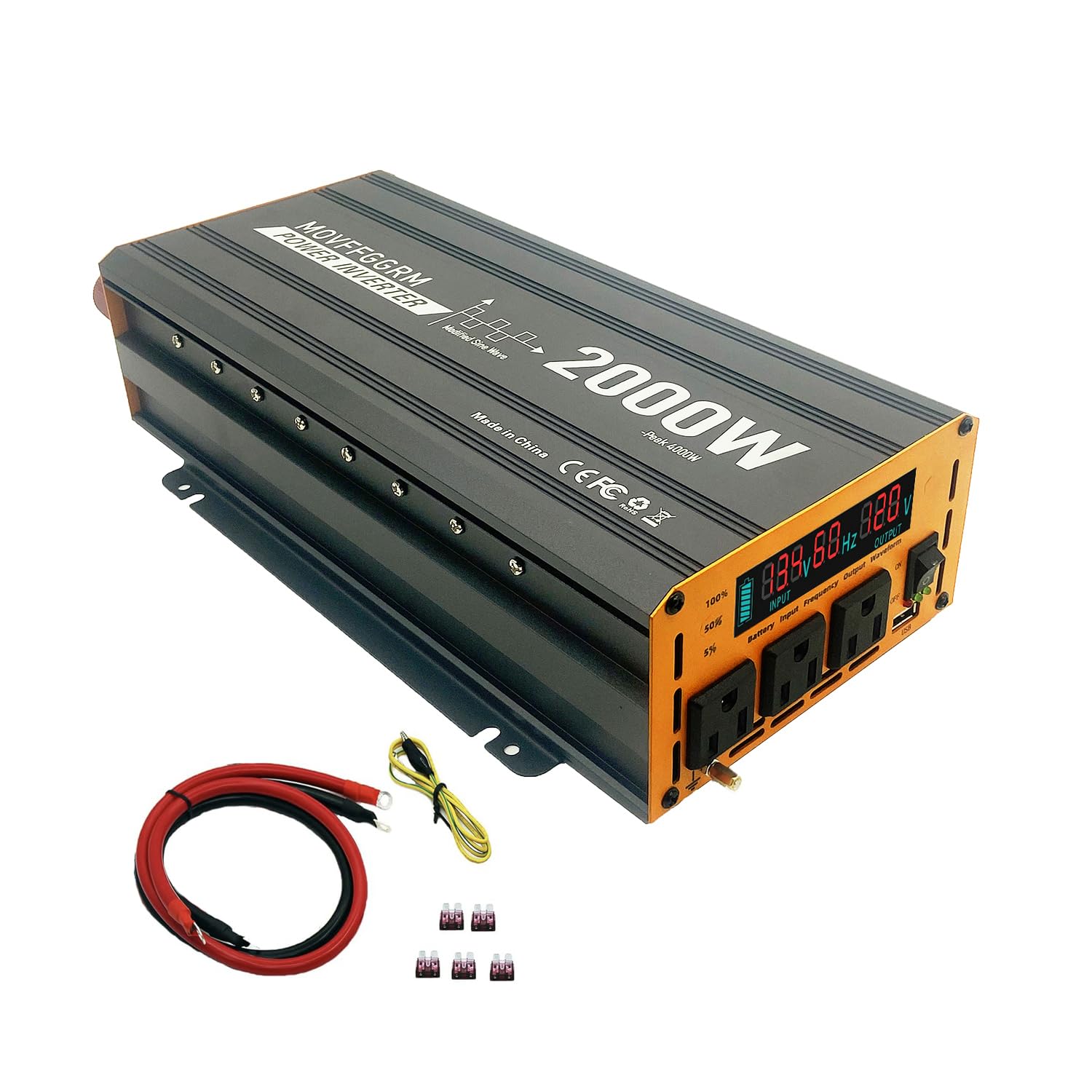 2000 Watt Power Inverter Converter, Car/Truck/RV 12V DC to 110V AC Converter, with LED Display, 3AC Outlets, USB Port