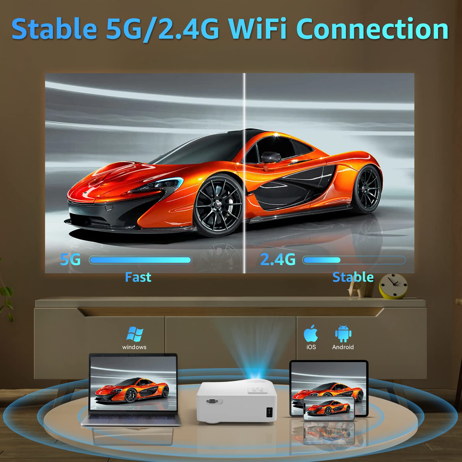 5G Wifi Bluetooth Projector, Native 1080P Outdoor Movie Projector With 350'' Display, 22000L Home Theater Video Projector 4K Sup