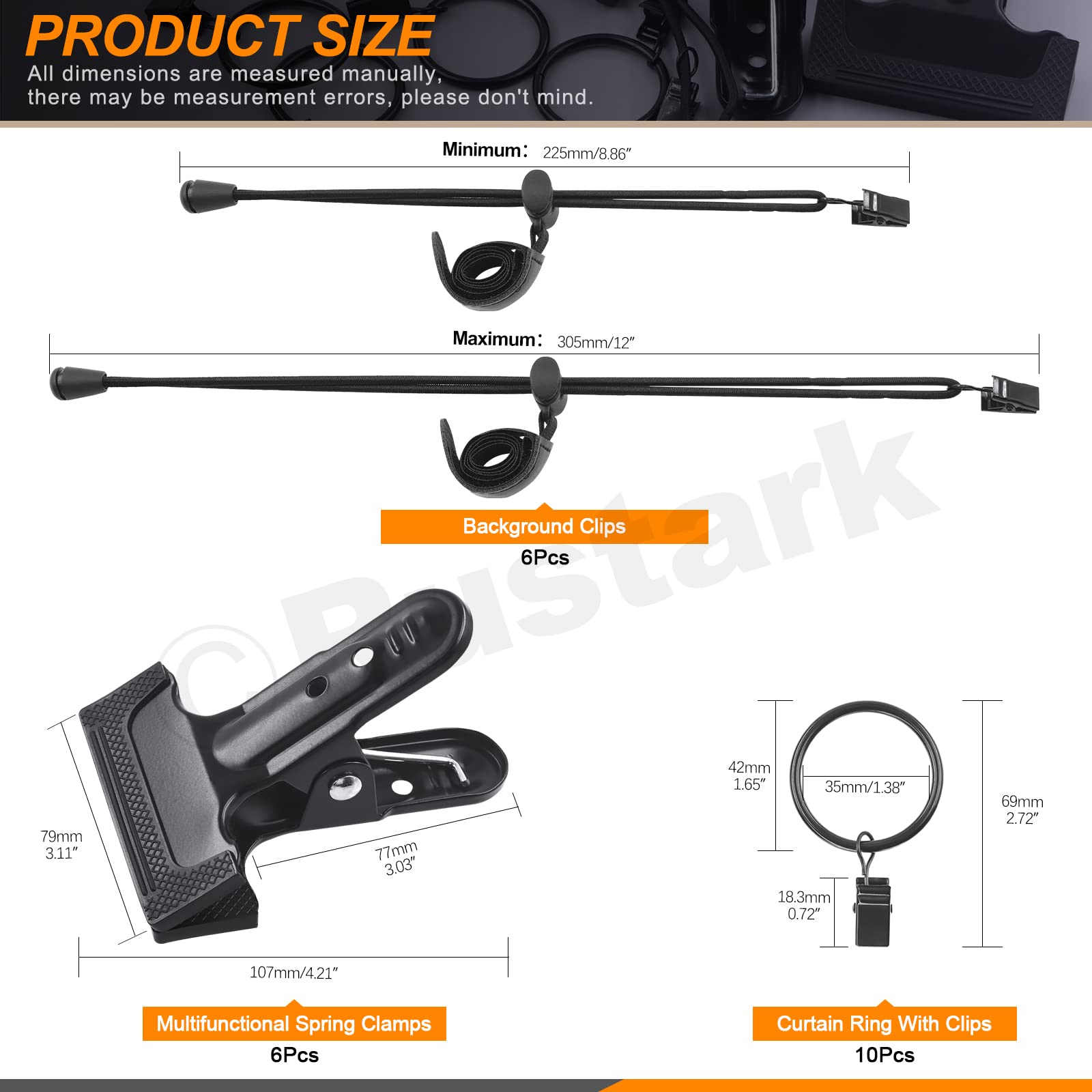 Rustark 22Pcs Backdrop Heavy Duty Spring Clamps Elastic Photo Clips Holder Clips Assortment Kit W Curtain Clips Backdrop Rings M