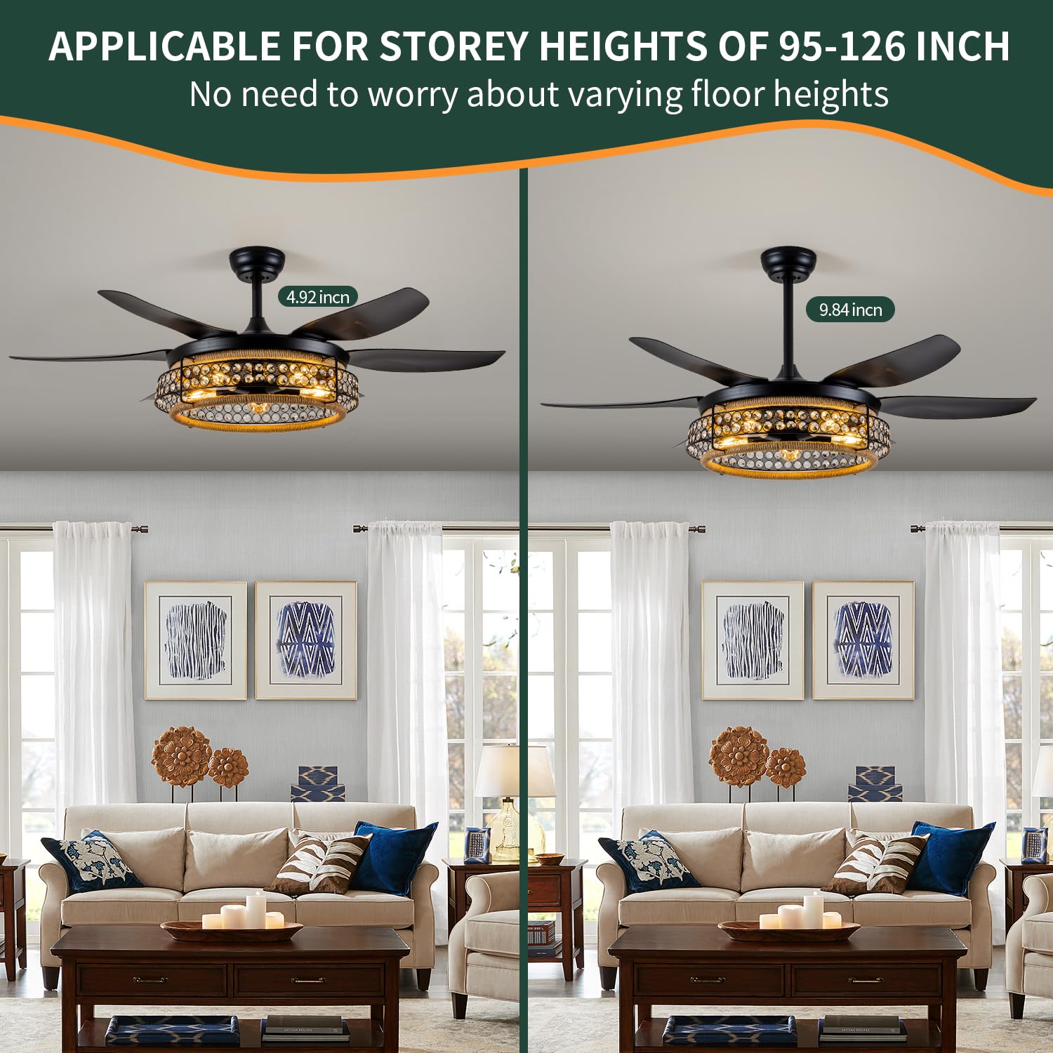 Oiotwo 51 Inch Ceiling Fan With Light Remote Control, Farmhouse Style Lampshade With K9 Crystal Attached, 6 Speed Reversible, Su