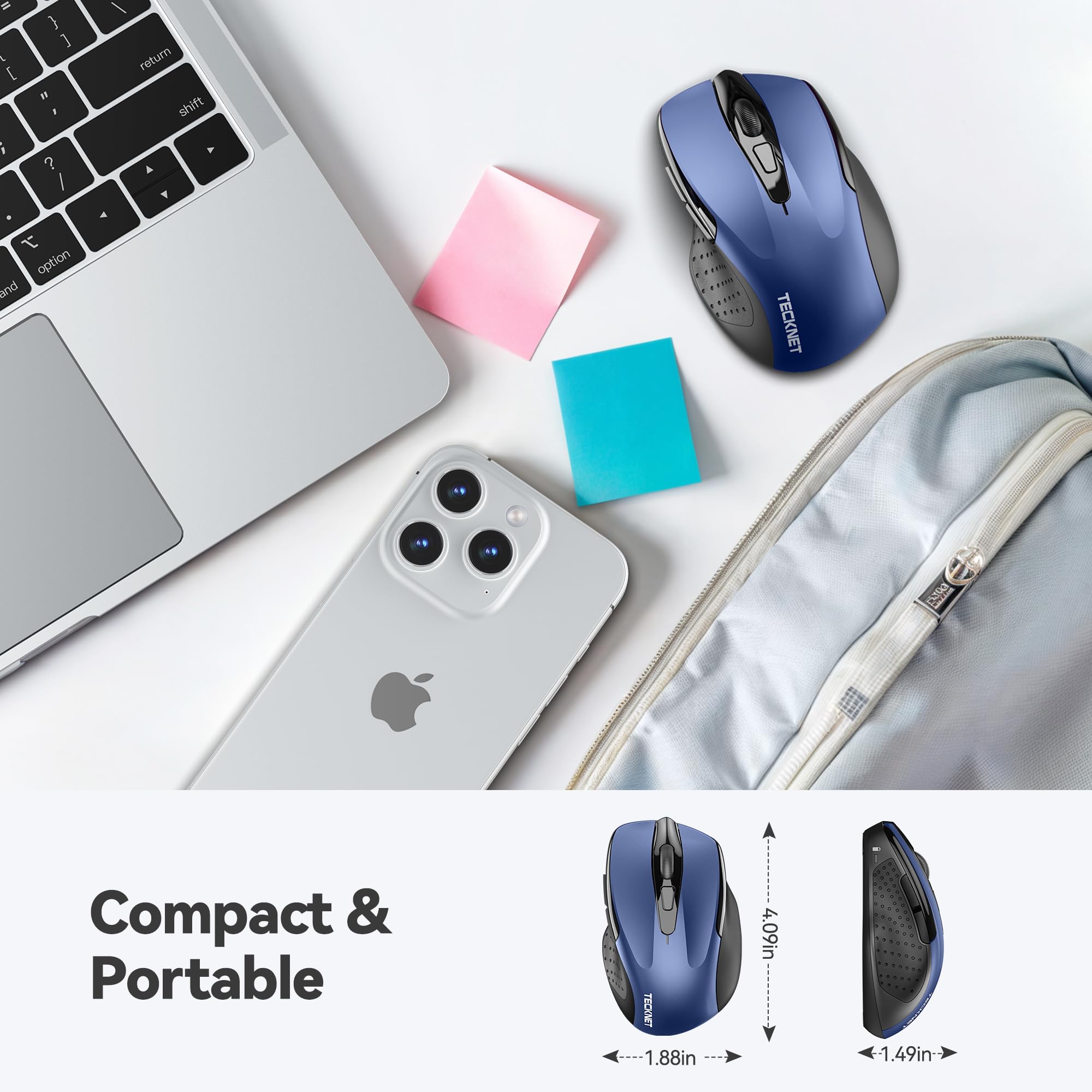 Tecknet Wireless Mouse, 2.4Ghz Ergonomic Computer Mouse, Portable Cordless Mice, 5 Level 2400 Dpi Mouse For Laptop, 6 Buttons Usb Mouse For Chromebook, Ergo Grip, 24 Months Battery   Blue