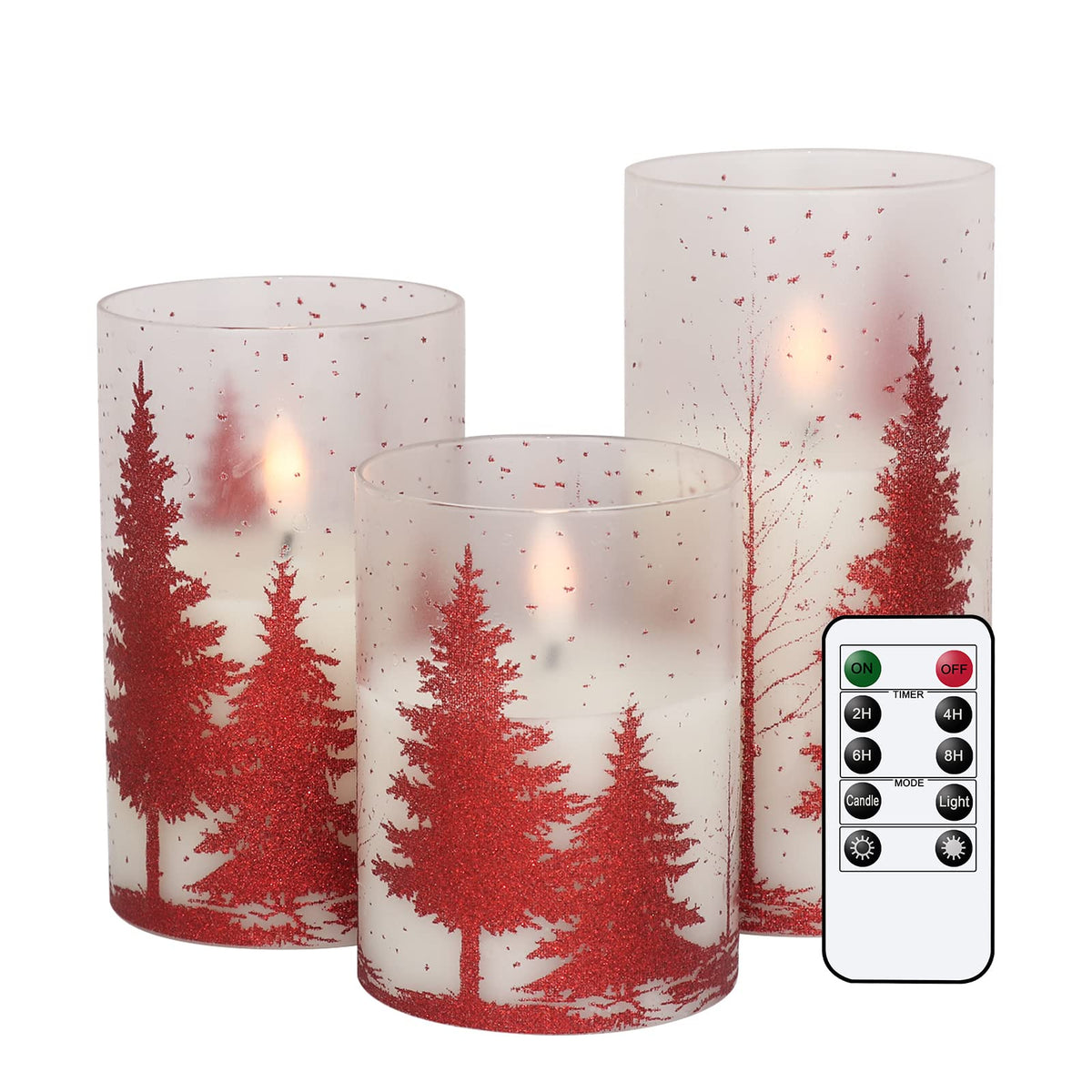 Dromance Christmas Tree Glass Flameless Candles With Remote Timer Battery Operated Real Wax 3D Wick Led Flickering Pillar Candle