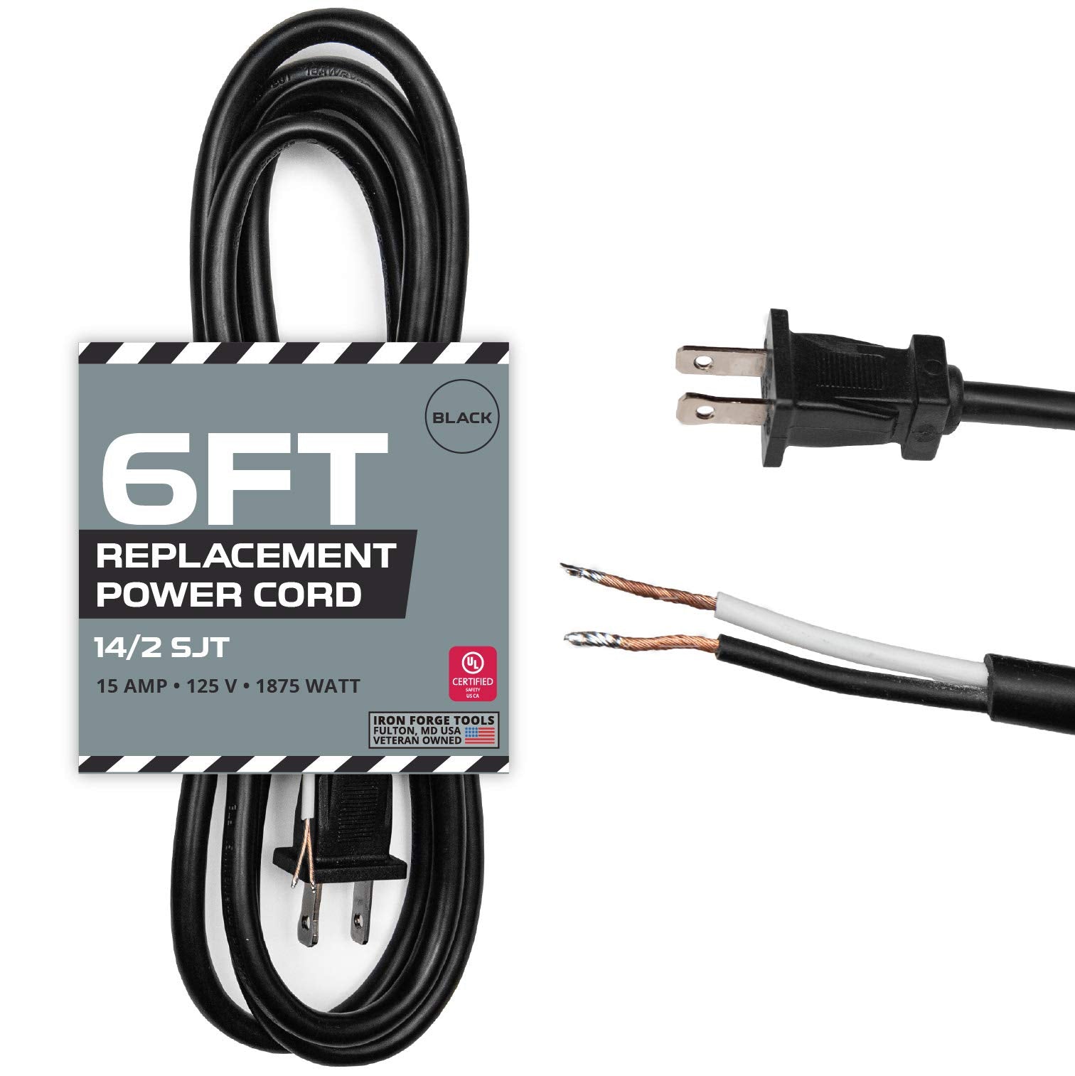 Iron Forge Cable 14 Awg Replacement Power Cord With Open End   6 Ft Black Extension Cable, 2 Wire 14/2 Sjt