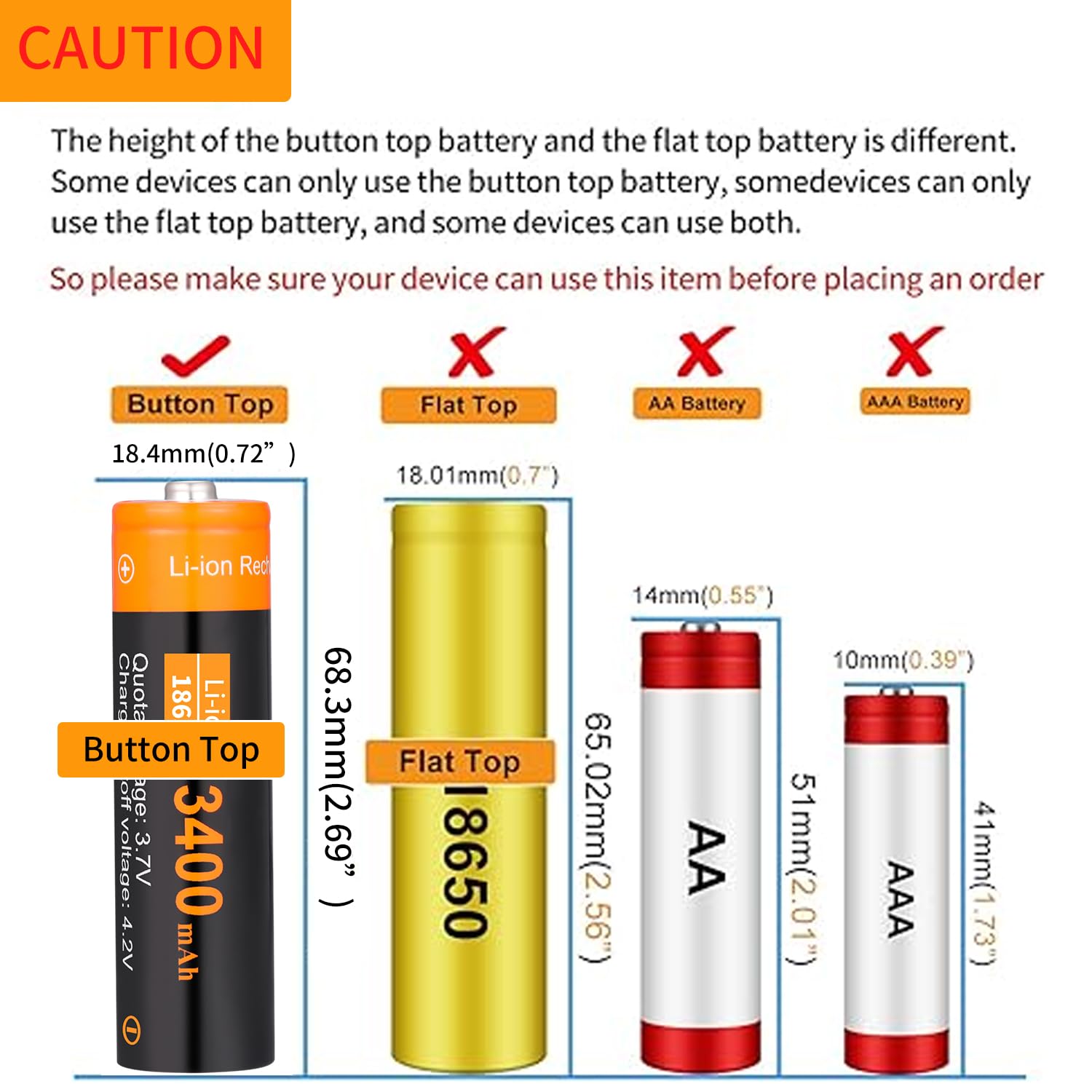 Ecosolutions 18650 Rechargeable Battery (Button Top) 3.7V 3400Mah Large Capacity Batteries For Led Flashlight, Headlamp, Doorbel