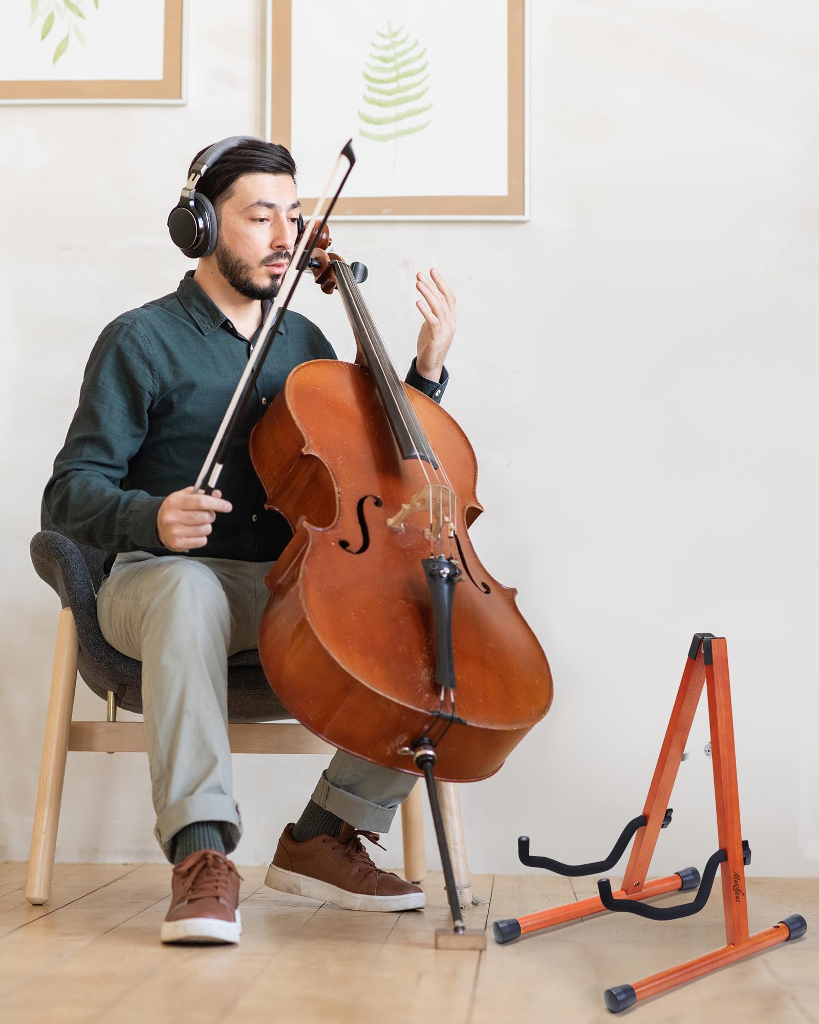Musbeat Cello Stand, A Frame Cello Stand With Bow Holder For Cello Display, Handcrafted Wooden Cello Stand With Padded Foam, Mah