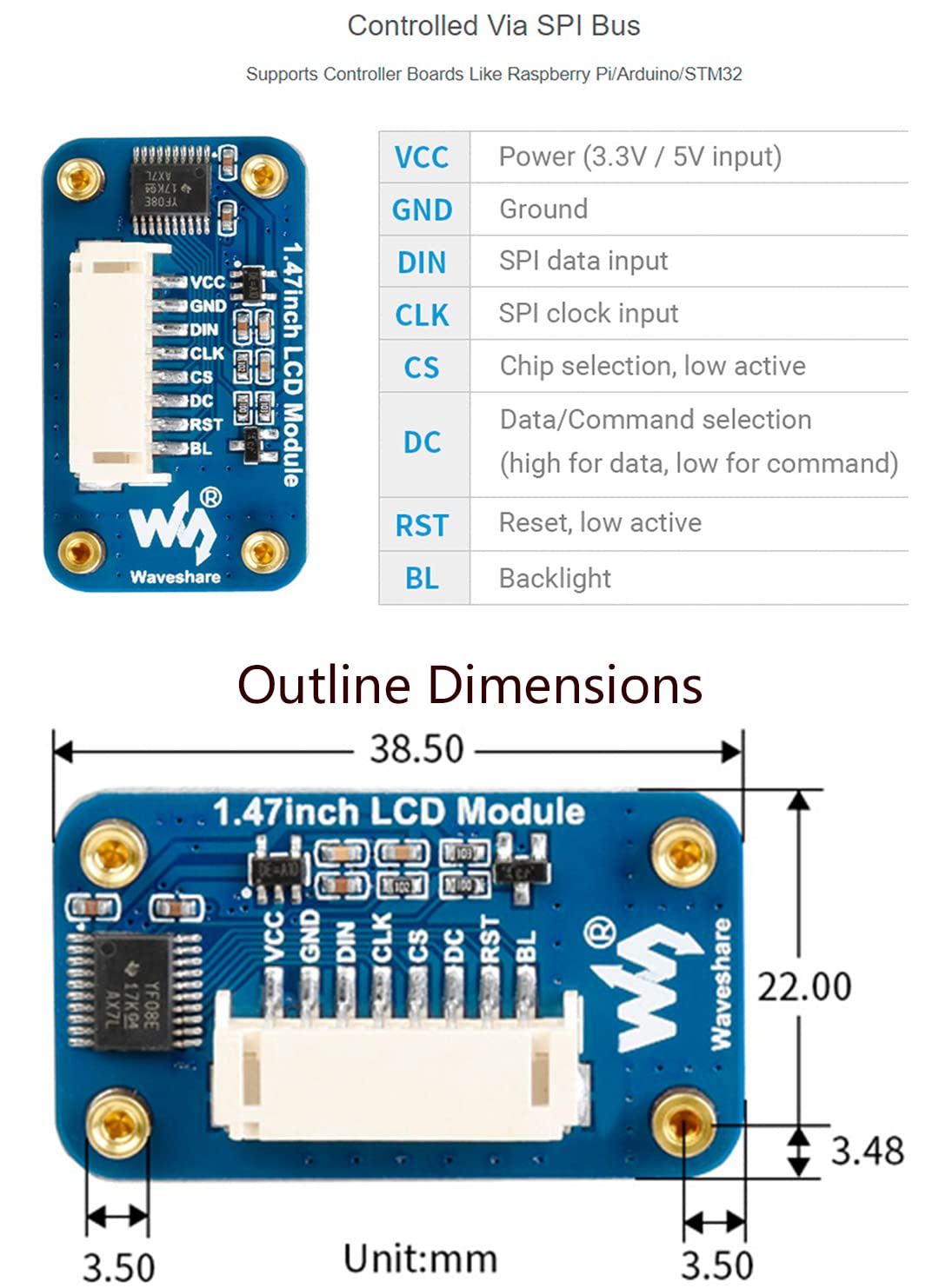 Waveshare 1.47Inch Round Lcd Display Module For Arduin/Raspberry Pi/Stm32, Ips Screen Monitor 172X320 Resolution,Spi Interface 2