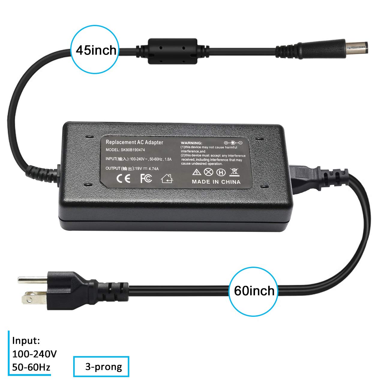 90W Power Cord For Hp Pavilion All In One Desktop Charger Hp 18'' 19'' 20' 21' 24'' 32' Hp Pavilion (N193) 20' 23'' Pc 18 5110 19 2304 20 B010 20 B013W Monitor Charger Gaming Computer Power Supply