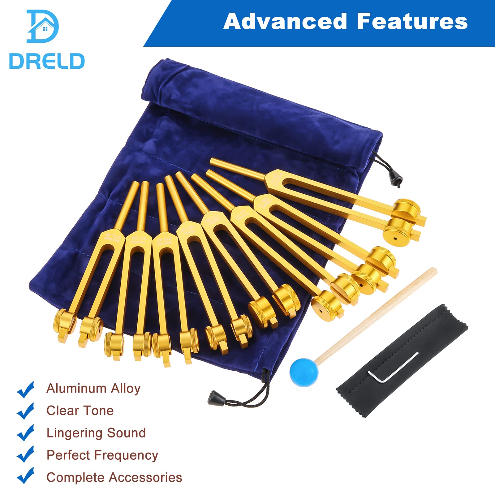 Chakra Tuning Forks Set, 7 Chakra+1 Soul Purpose Weighted Tuning Forks With Hammer, Bag, Cleaning Cloth (126.22 Hz, 136.1 Hz, 14