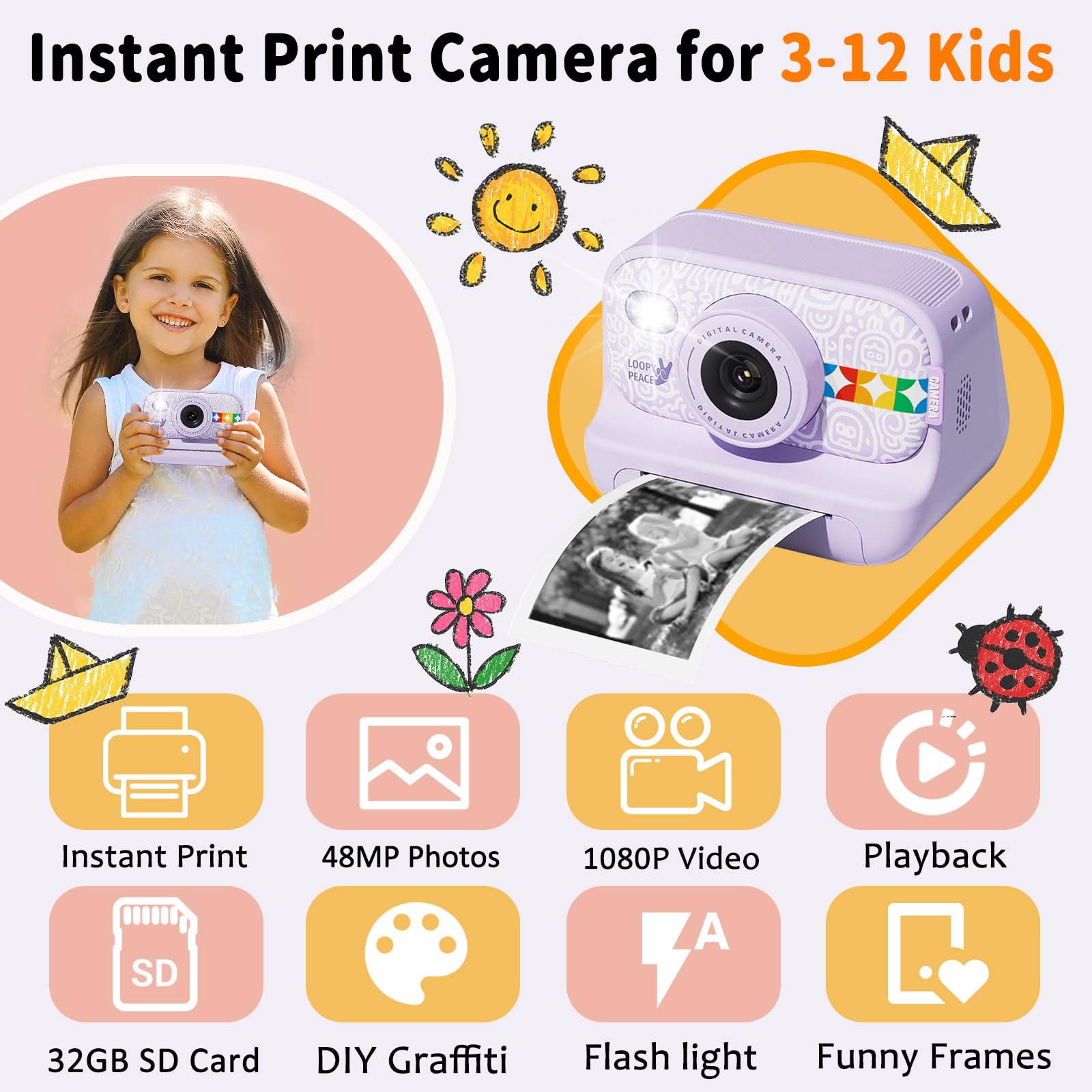 Instant Print Camera For Kids, Christmas Birthday Gifts For Girls Boys Age 3 12, Thermal Printing,1080P Digital Video Portable T