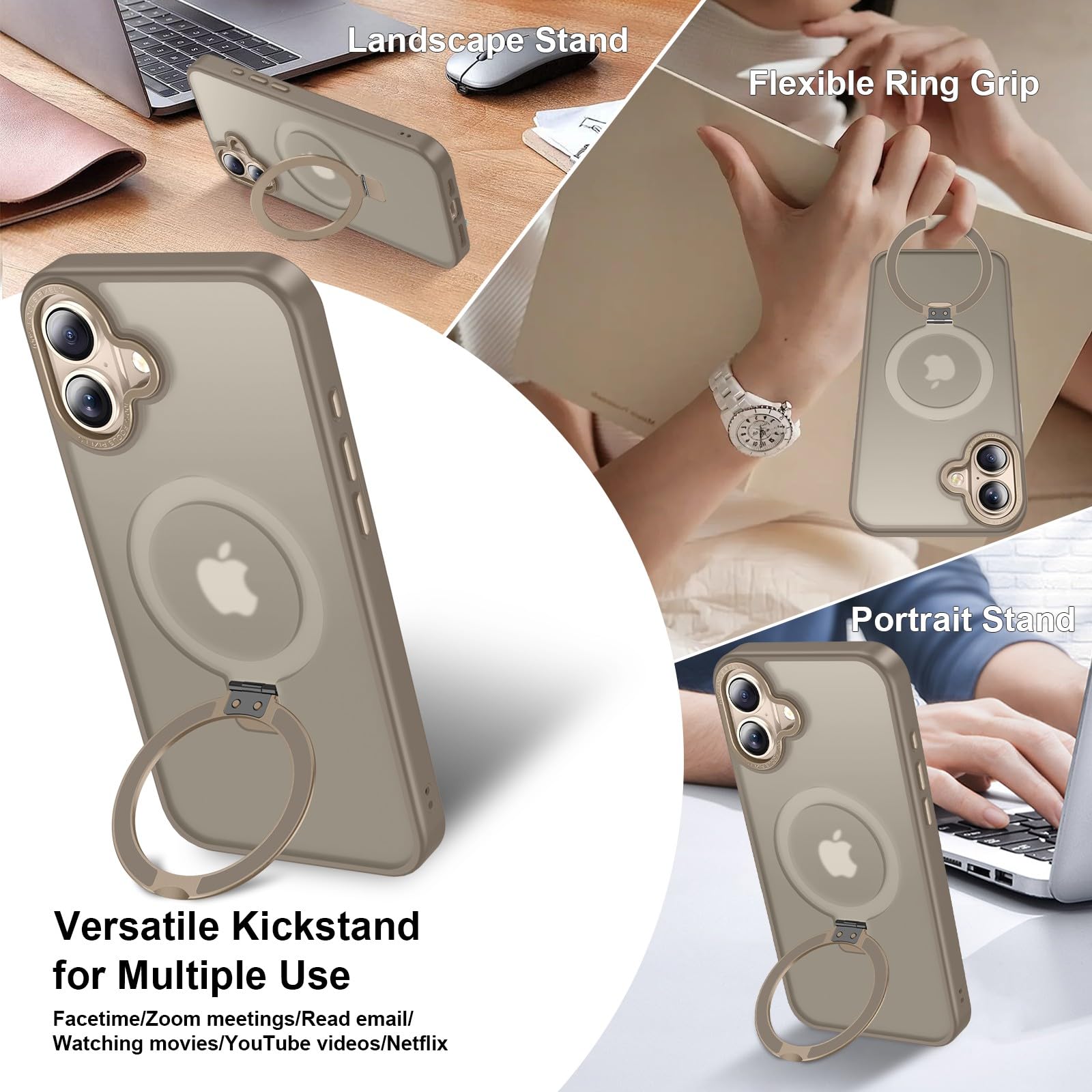 Lufanbis Magnetic For Iphone 16 Case With Ring Stand, [10 Ft Drop Protection] [Velvety Touch] Slim Translucent Matte Back Shockp