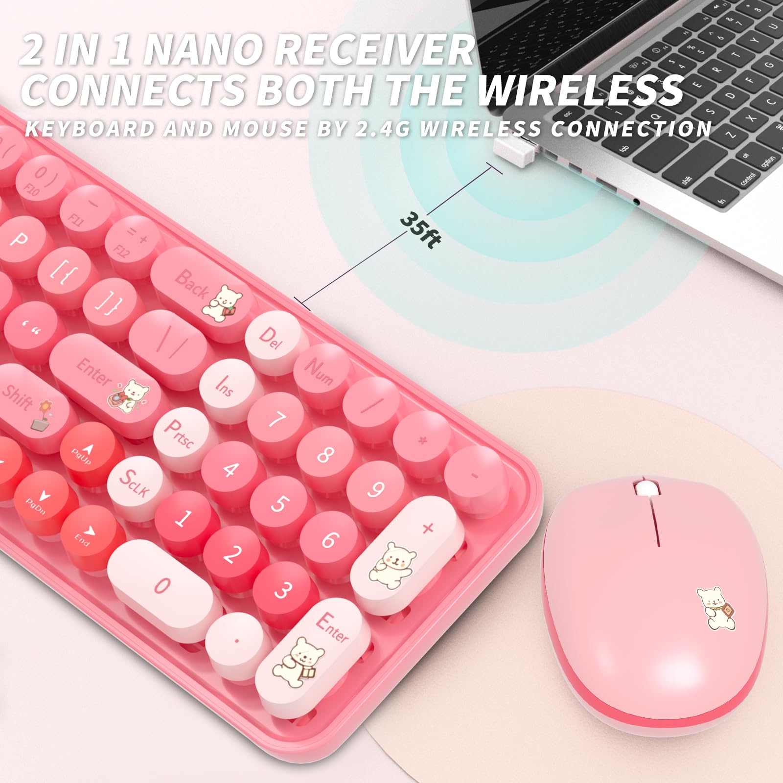 Wireless Keyboard And Mouse Combo, 2.4G Compact Small Ergonomic Cute Colorfull Wireless Keyboard Mouse For Computer Desktop Pc L