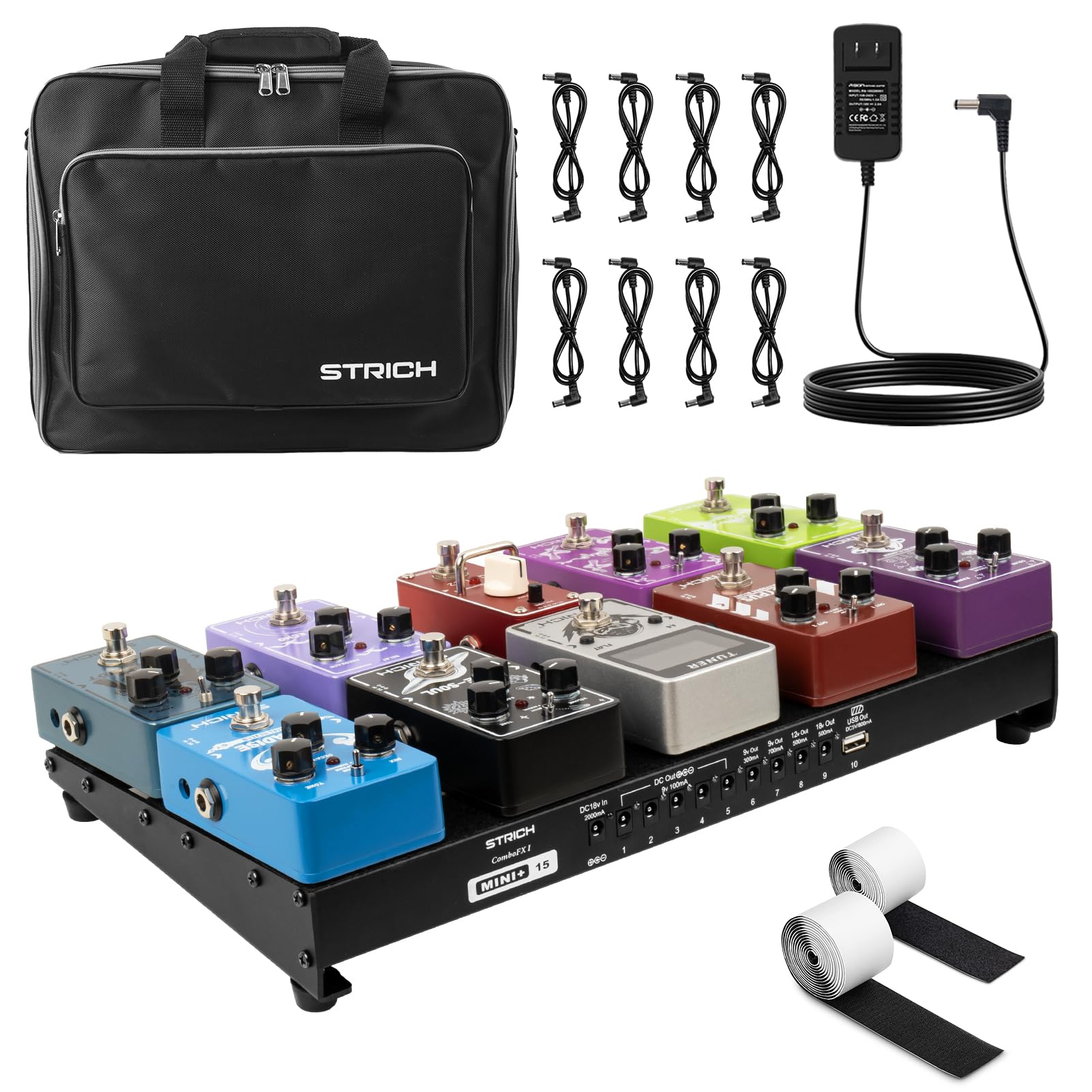 STRICH Guitar Pedal Board with Built-in Power Supply, Pedal Board 15 x 7.8 Lightweight Aluminum Alloy, PedalBoard with Pedal Cab