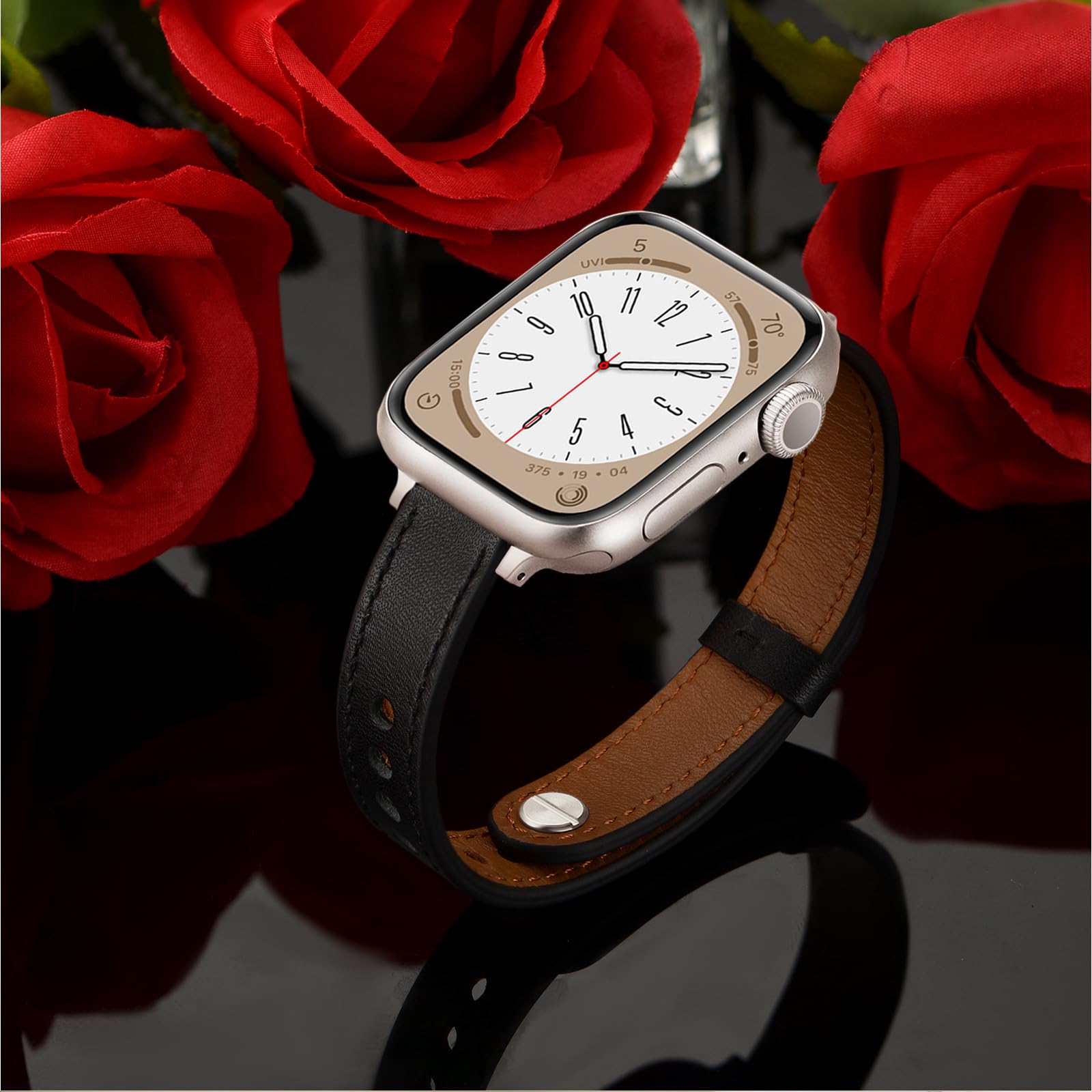 Ouheng Slim Band Compatible With Apple Watch Band 46Mm/49Mm/45Mm/44Mm/42Mm Series 3/2/1, Women Genuine Leather Band Thin Strap F