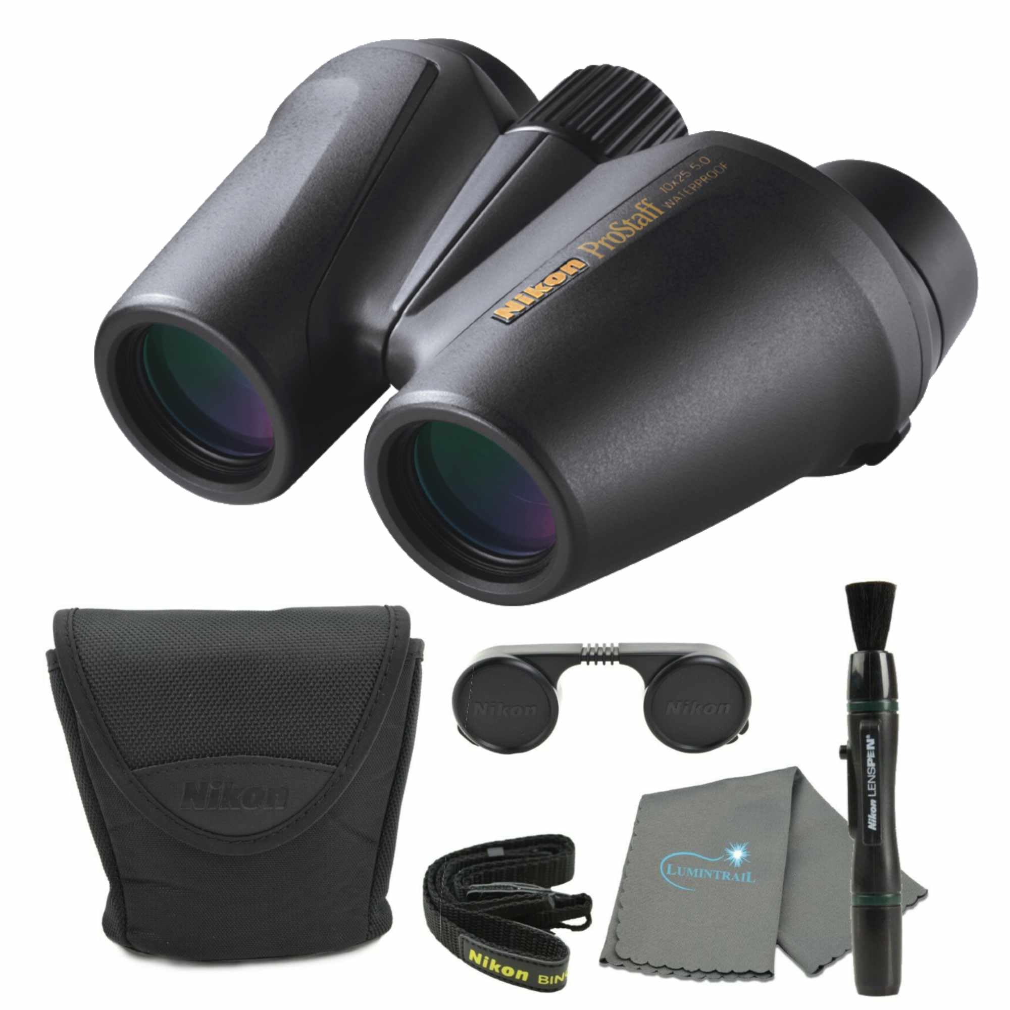 Nikon Prostaff 10X25 (7485) Black Binoculars Bundle With Lens Pen And Cleaning Cloth, Compact Binoculars For Adults For Hunting,