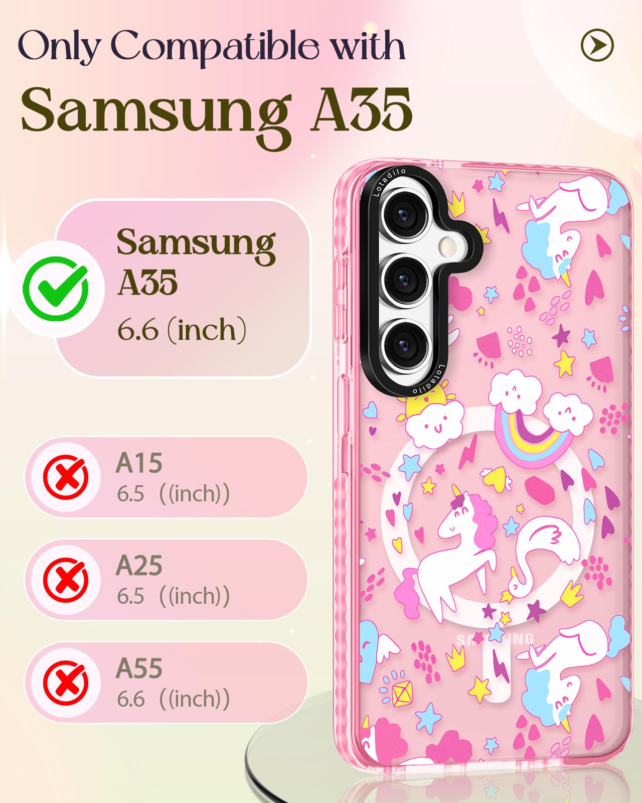 Lotadilo For Samsung Galaxy A35 5G Case For Women - Girls Cute Design Compatible With Magsafe Magnetic Ring Holder Stand Rainbow