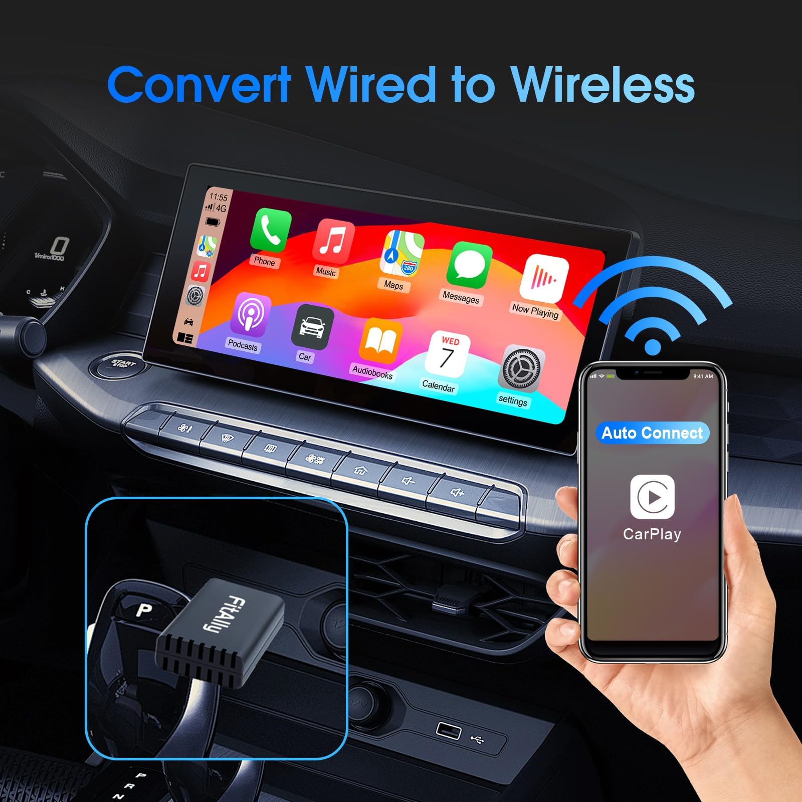 Fitally Wireless Carplay Adapter Apple,Plug & Play Carplay Wireless Adapter, Usb C & Usb A Cables,Dongle Converts Wired Carplay