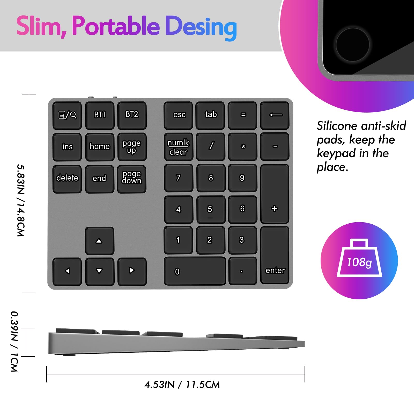 Foloda Bluetooth Number Pad: Wireless Bt Numeric Keypad, Multi Devices Rechargeable Usb C Numpad, 34 Keys Financial Accounting Extensions Data Entry Keyboard For Laptop, Pc, Imac, Macbook, Notebook
