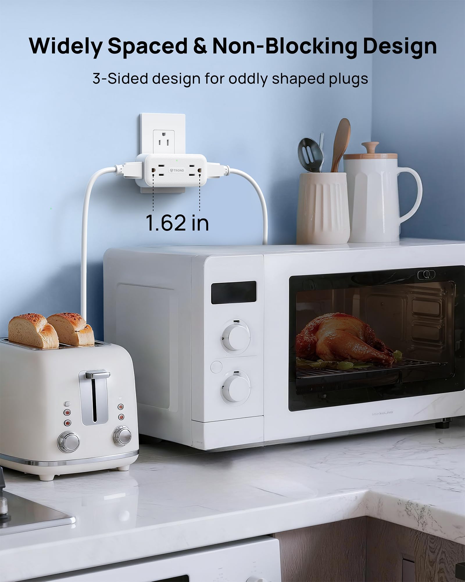 Trond 360 Rotating Outlet Extender 2 Pack, 4 Ac Plug Adapter, 900 Joules Surge Protection, 3 Way Charging Station, Multi Plug Wa