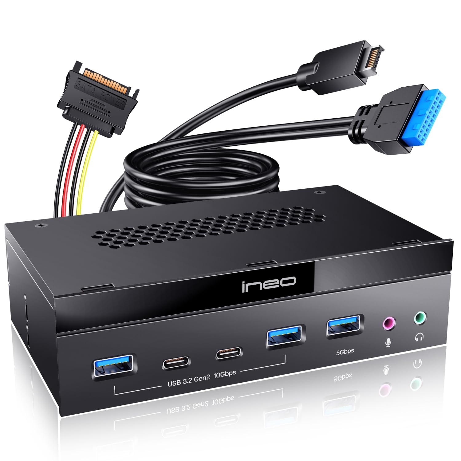 Ineo 5.25 Front Panel USB 3.2 Gen 2 Hub - 2X 10G USB-C, 2X 10G USB-A, 1x USB 3.0 Type-A, Audio & Mic Jack [3570II]