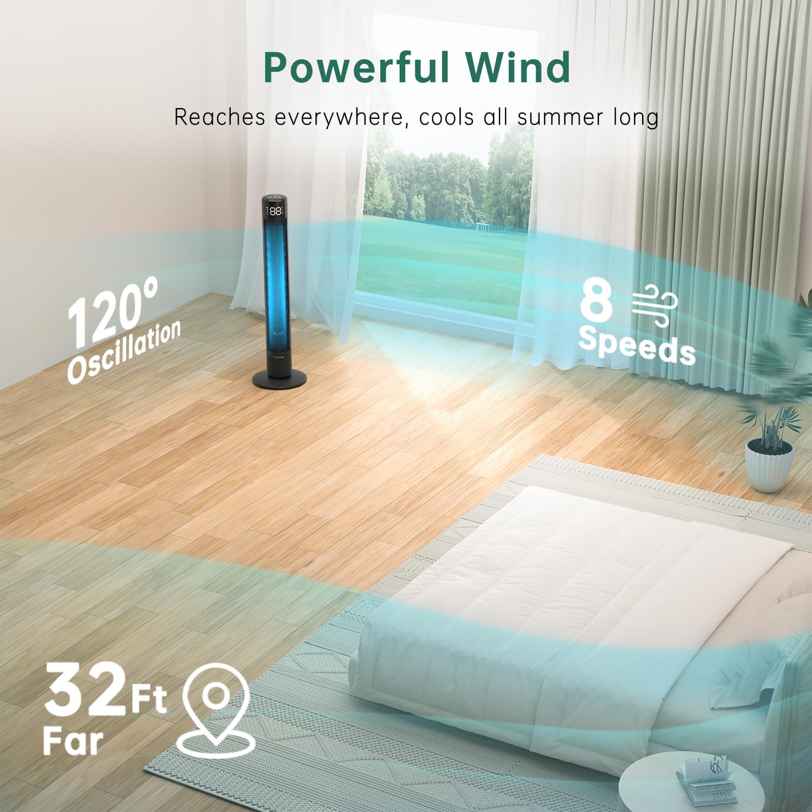 Provirtec Tower Fan For Bedroom 43 Inch With 120 Oscillating Quiet Cooling Tower Fan For Home, Stand Up Fan With Remote & App, S
