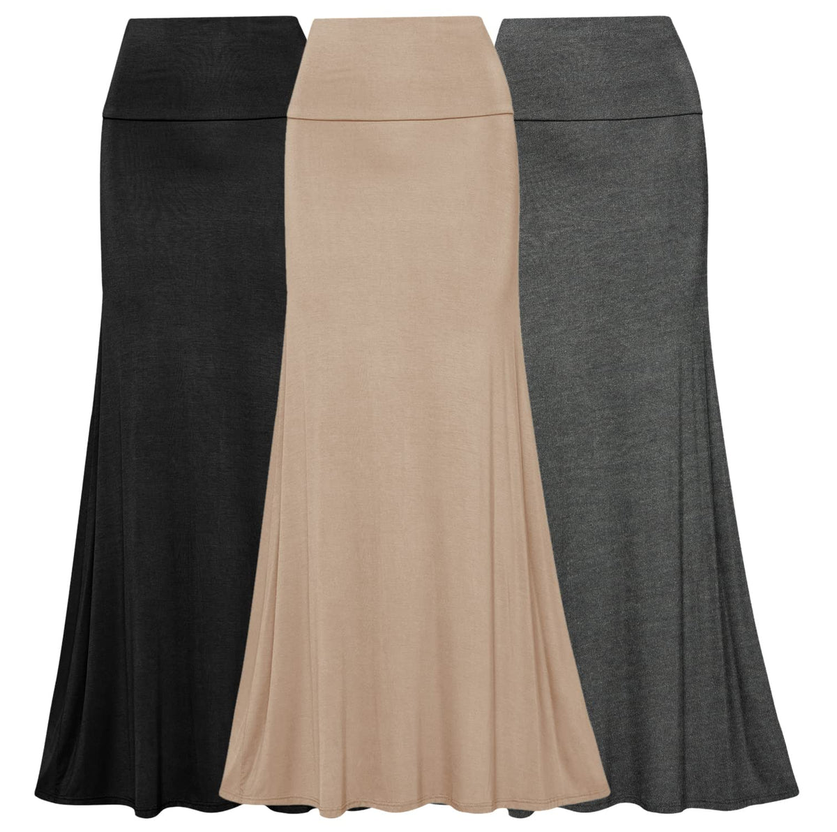Free To Live Womens 3 Pack Foldover High Waisted Maxi Skirts (Medium) Black,Charcoal,Mocha