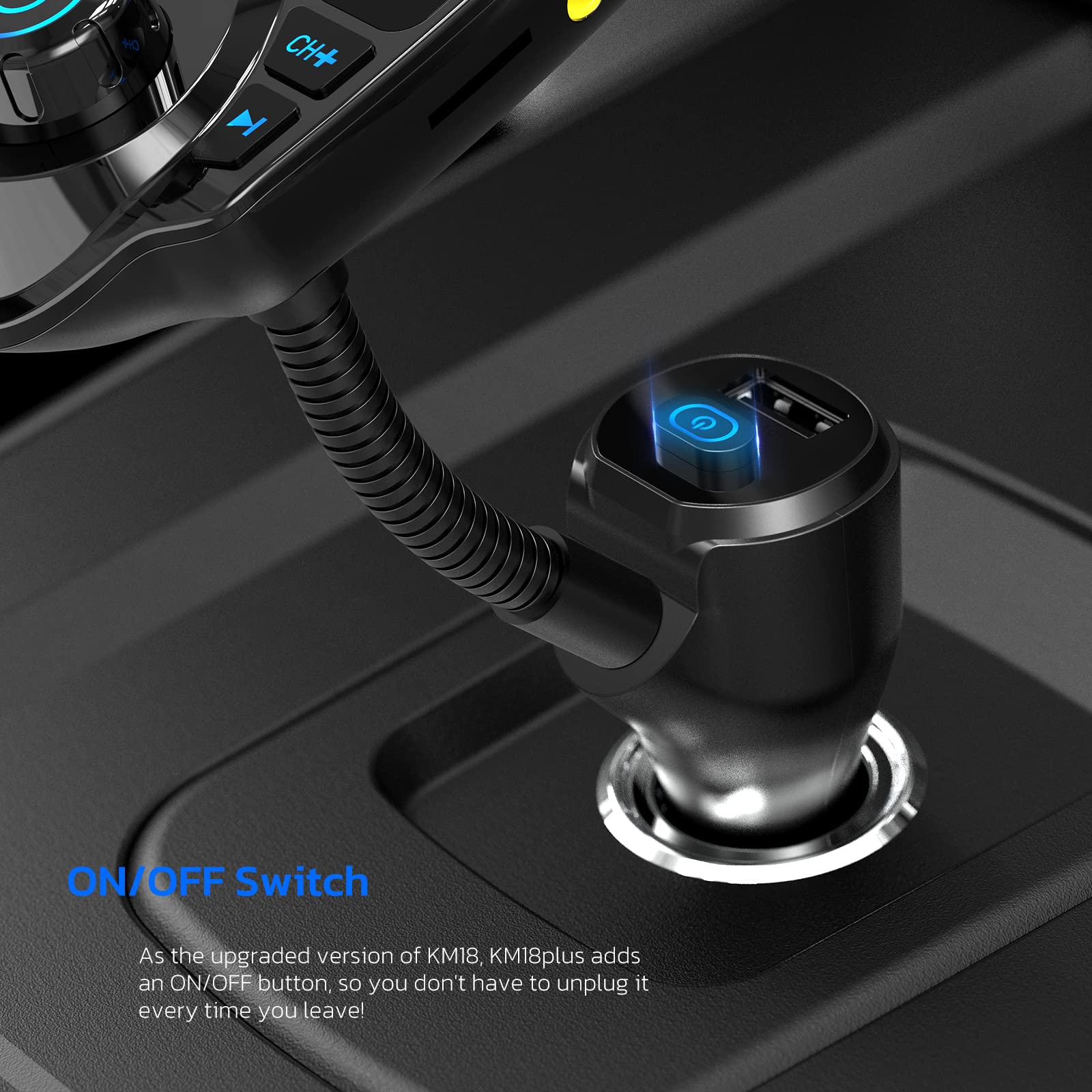 Nulaxy Bluetooth Fm Transmitter For Car, Upgraded Manual Power Switch Wireless Car Radio Bluetooth Adapter Supports Hands Free Calls, Usb Fast Charging, Microsd Card, Aux Play   Km18 Plus Black