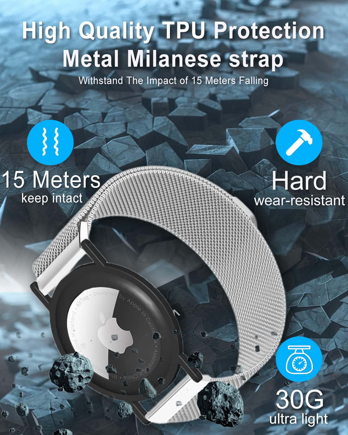 DEERLET Airtag Bracelet - Adjustable Metal Milanese Watchband for Apple Airtag - Silvery - 1 Pack
