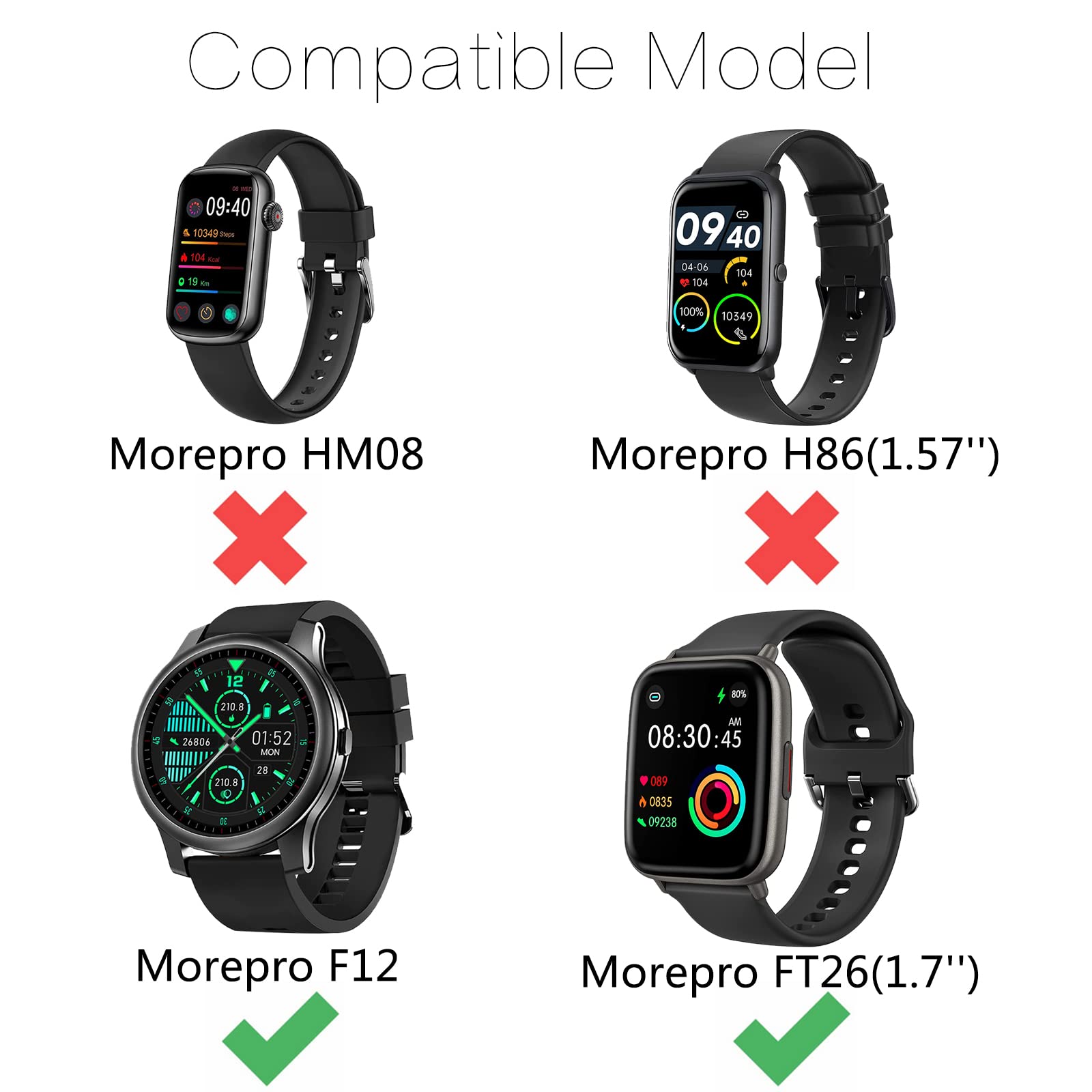 Wrist Strap Compatible For Morepro Ft26 Smart Watch Bands, Adjustable Soft Silicone Replacement Straps Wristband For Morepro Ft2