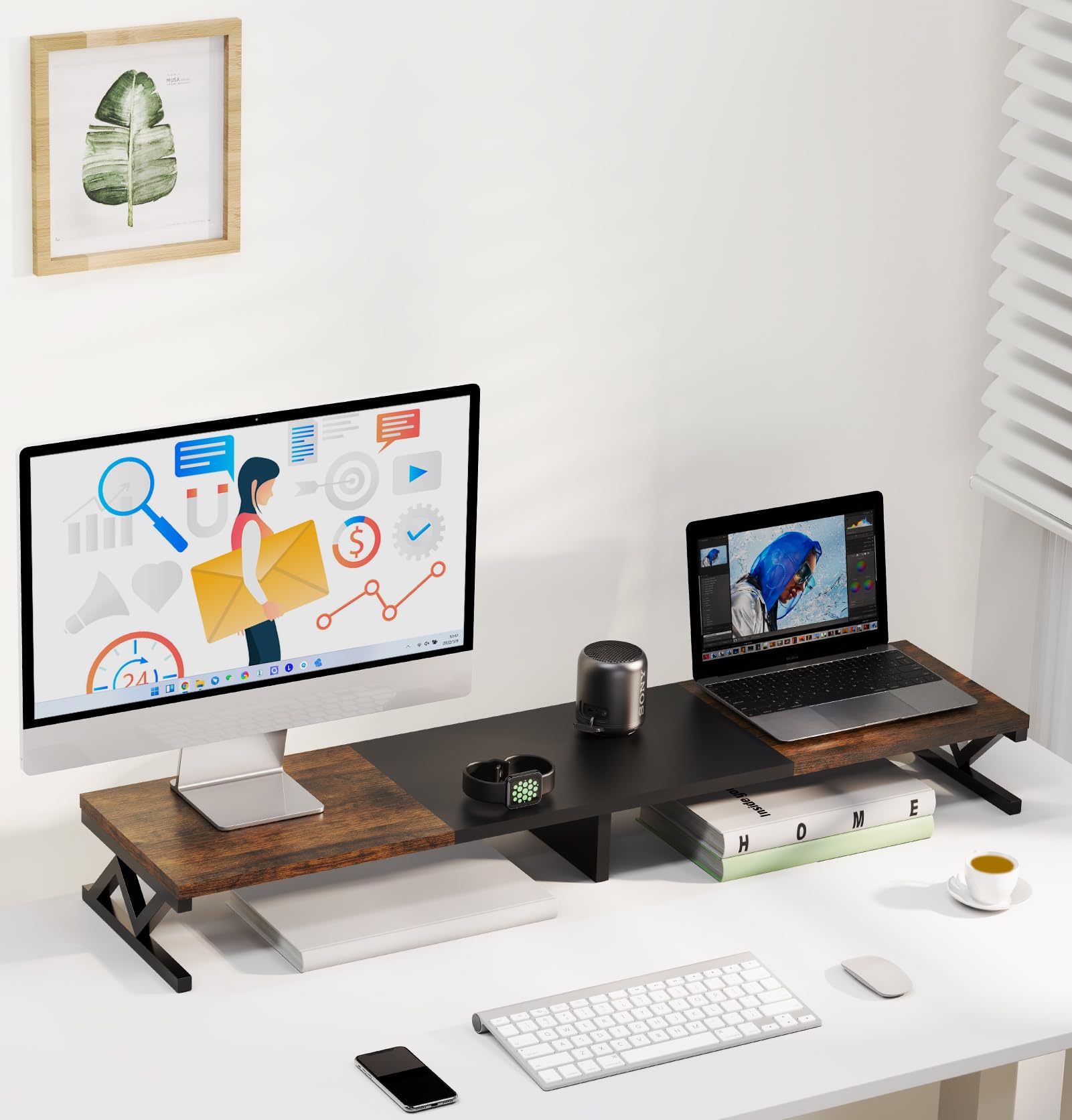 Ergofocus Dual Monitor Stand Riser, Large Wood Monitor Riser For 2 Monitors, Monitor Lift With Storage For Desk, Sturdy Wood&Ste