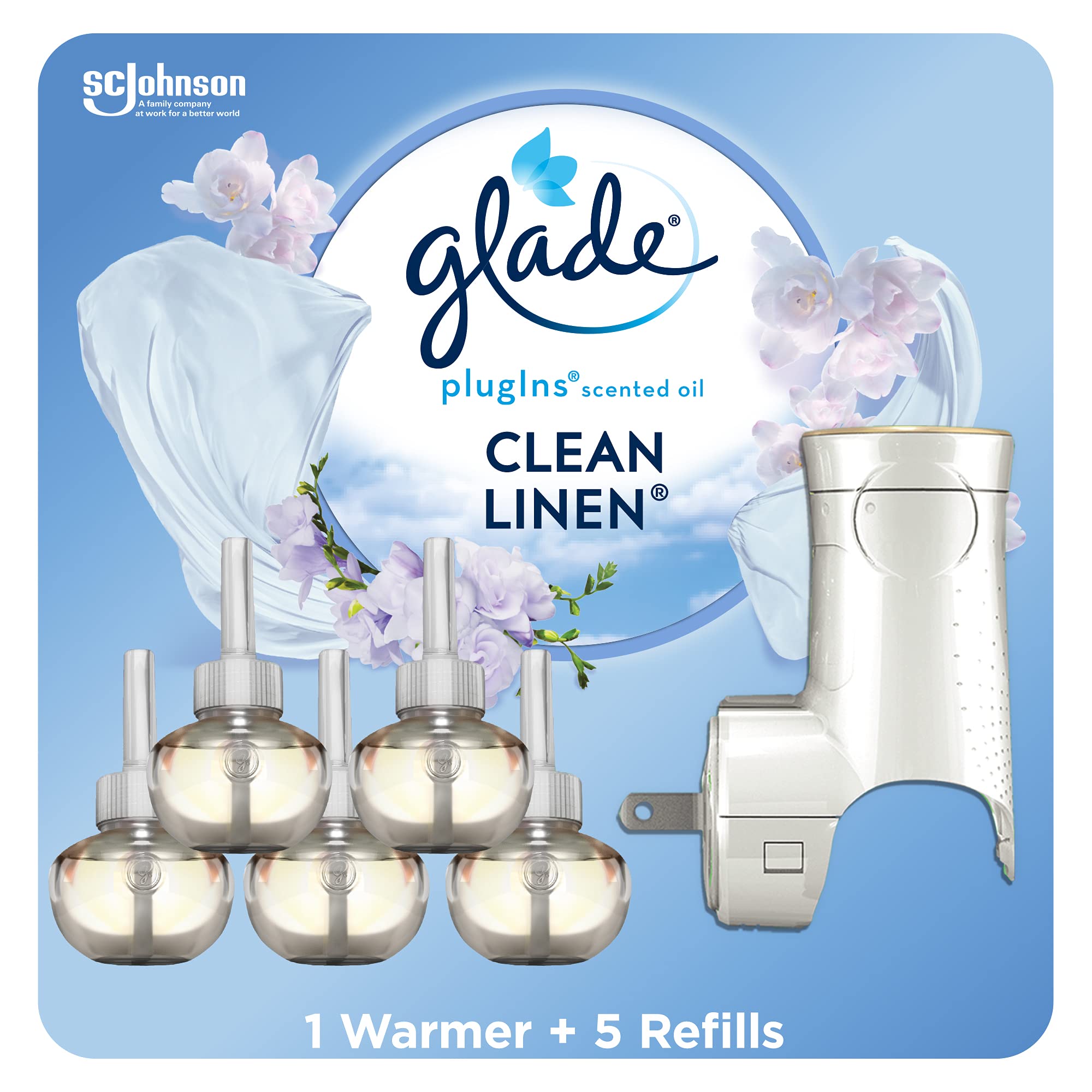 Glade Plugins Refills Air Freshener Starter Kit, Scented And Essential Oils For Home And Bathroom, Clean Linen, 3.35 Fl Oz, 1 Wa