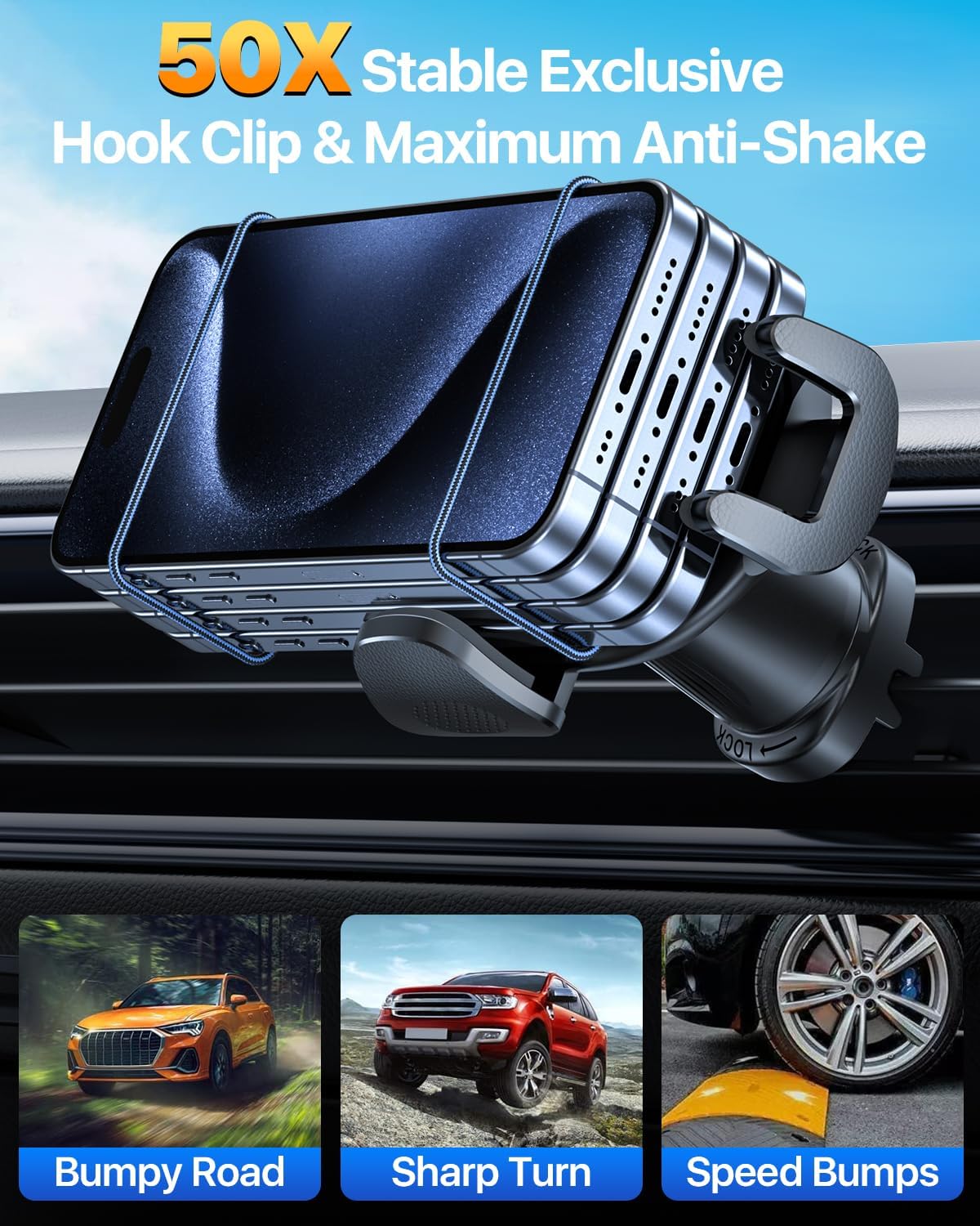Htu ?Military-Grade? Car Phone Holder,?Strongest & Longest Steel-Hook? Car Vent Mount, Handsfree 360 Adjustable Automobile Cradl
