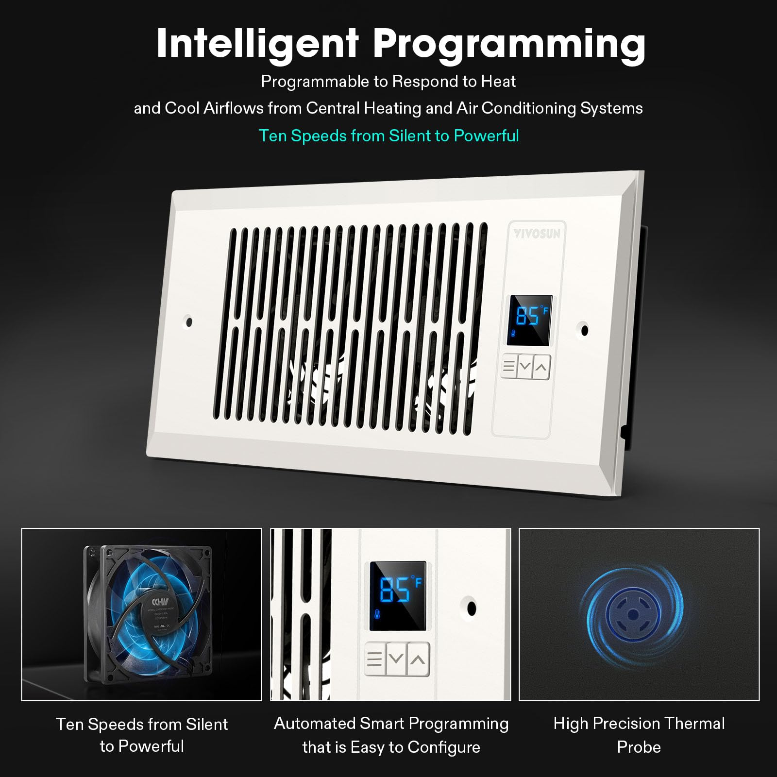 Vivosun Quiet Register Booster Fan 4     10   , Smart Register Vent With Intelligent Thermostat Control, Cooling Heating Ac Vent